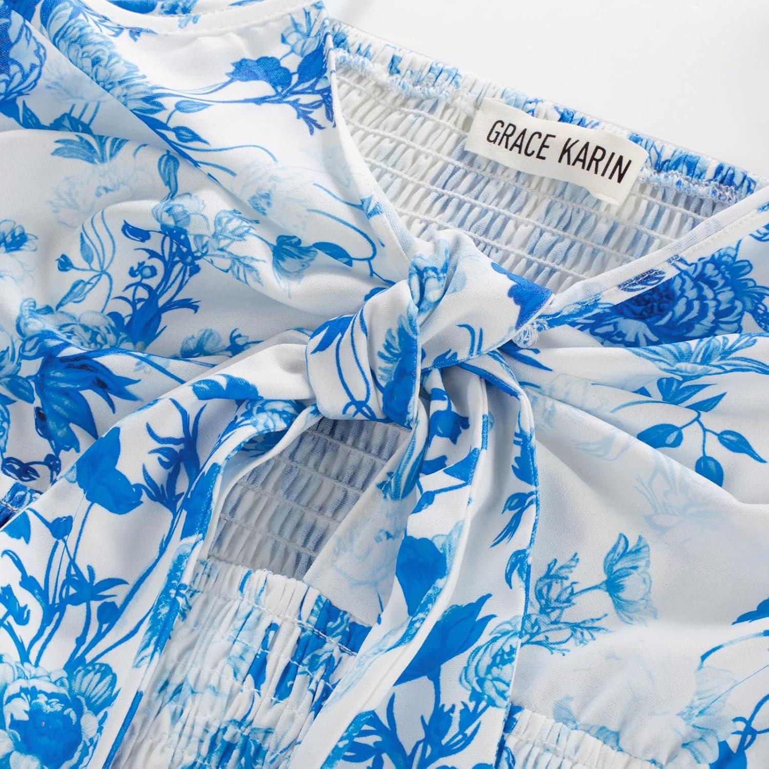 imageGRACE KARIN Womens 2026 Summer Maxi Dress Floral Tie Front Spaghetti Strap Casual Boho Beach Flowy Sundress with PocketsBlue Flowers