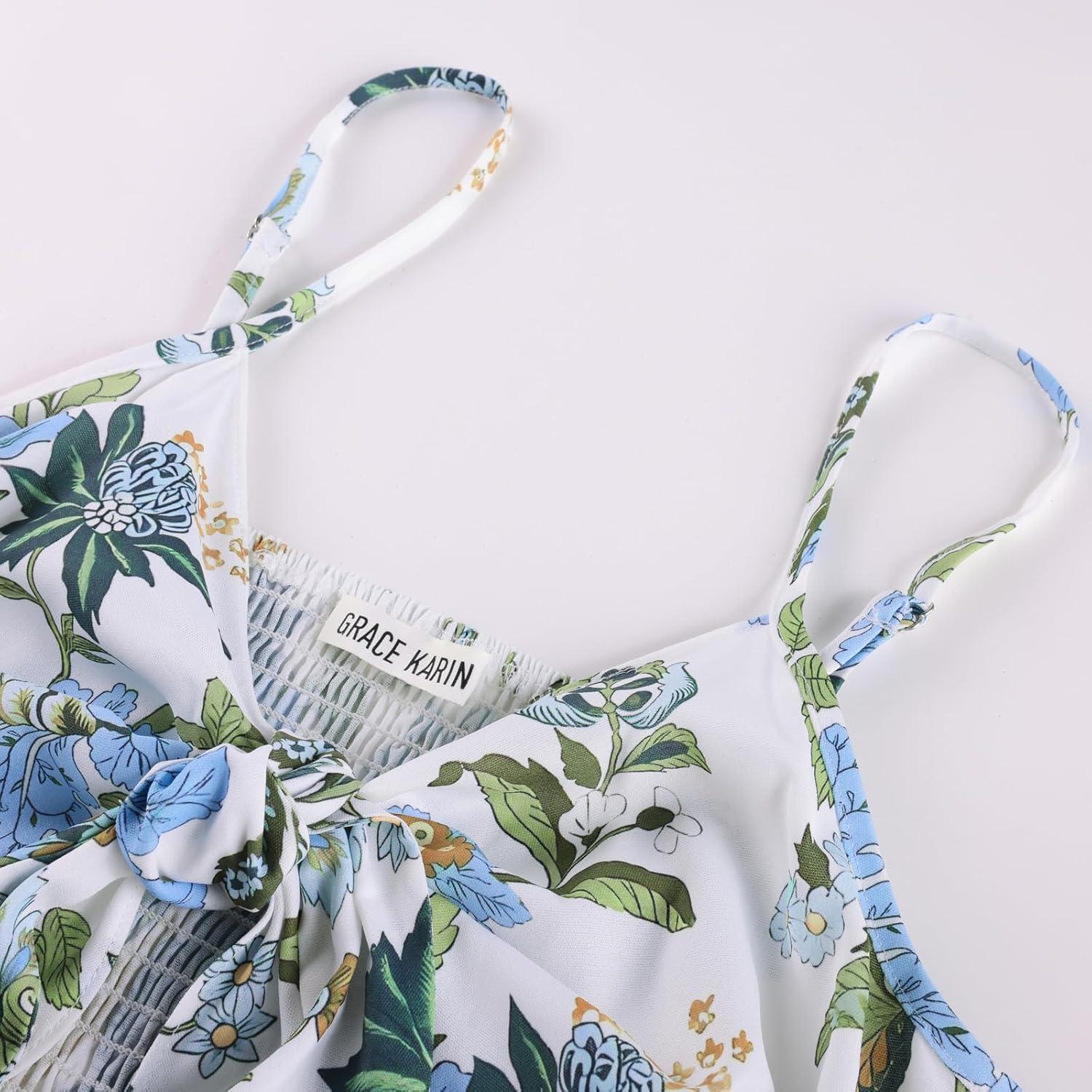 imageGRACE KARIN Womens 2026 Summer Maxi Dress Floral Tie Front Spaghetti Strap Casual Boho Beach Flowy Sundress with PocketsBlue Green Floral
