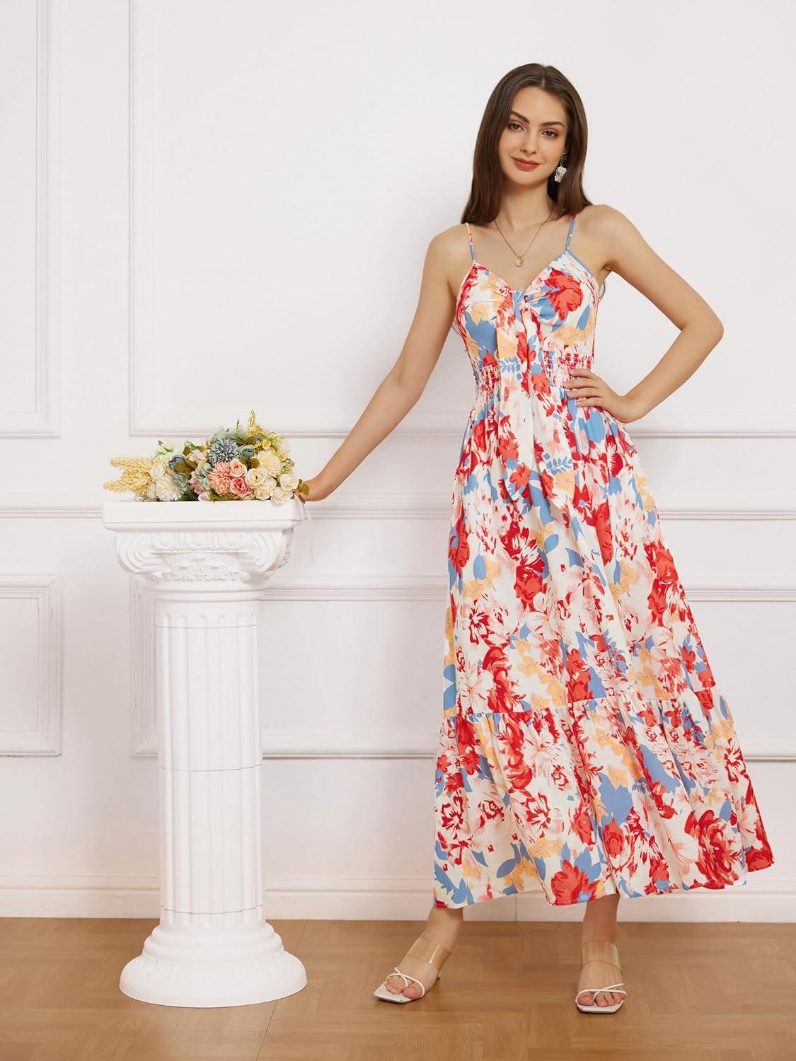 imageGRACE KARIN Womens 2026 Summer Maxi Dress Floral Tie Front Spaghetti Strap Casual Boho Beach Flowy Sundress with PocketsBlue Red Floral