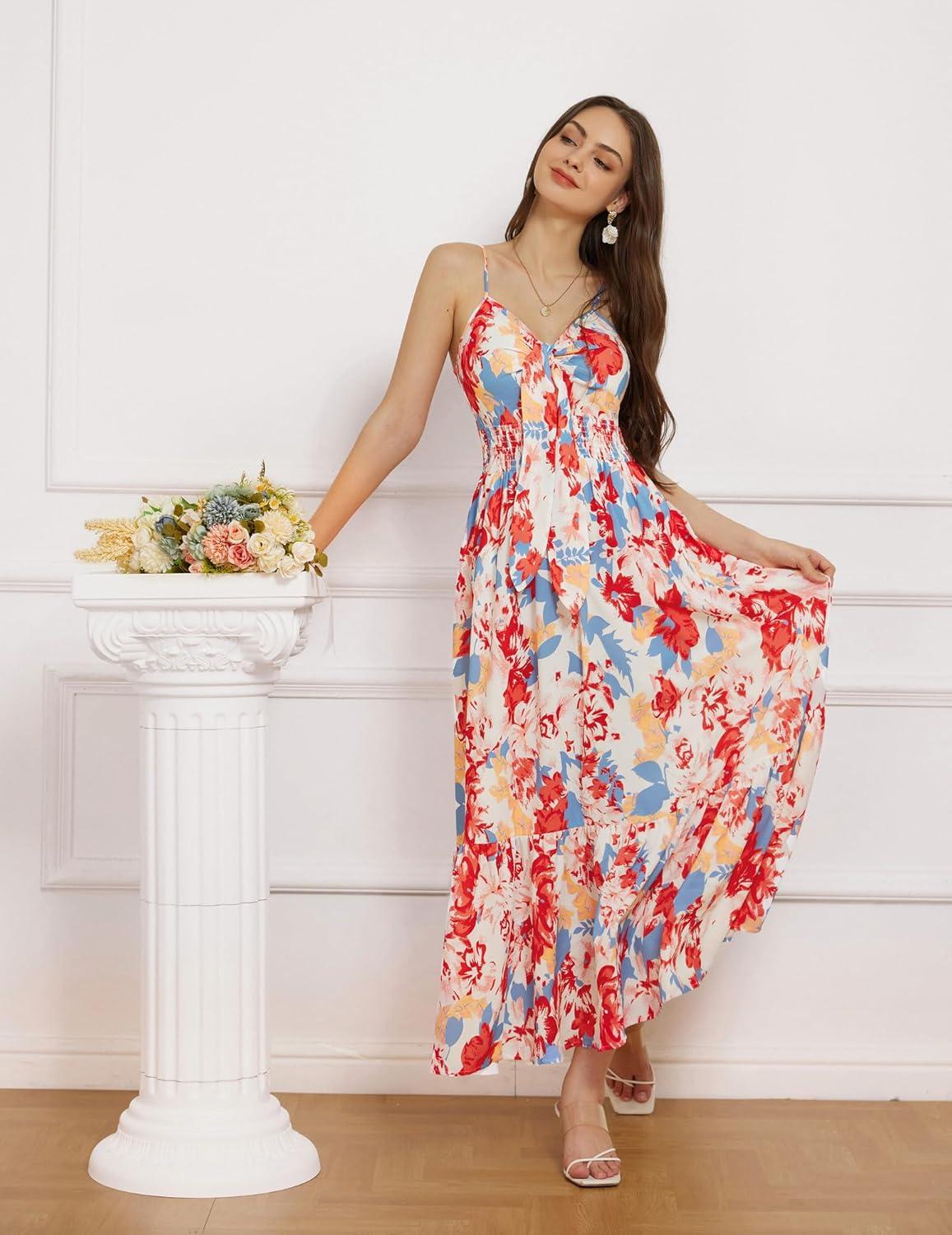 imageGRACE KARIN Womens 2026 Summer Maxi Dress Floral Tie Front Spaghetti Strap Casual Boho Beach Flowy Sundress with PocketsBlue Red Floral
