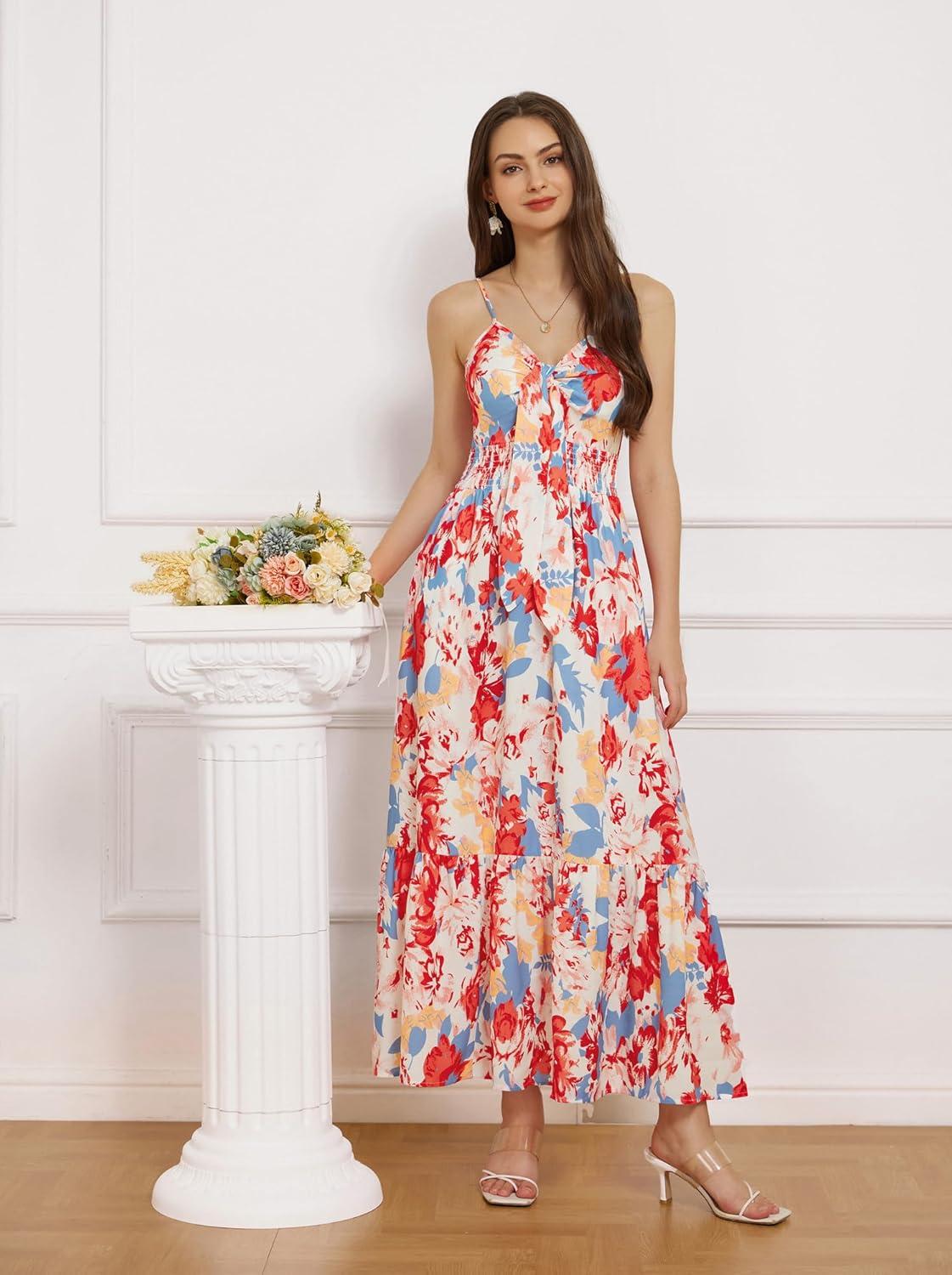 imageGRACE KARIN Womens 2026 Summer Maxi Dress Floral Tie Front Spaghetti Strap Casual Boho Beach Flowy Sundress with PocketsBlue Red Floral