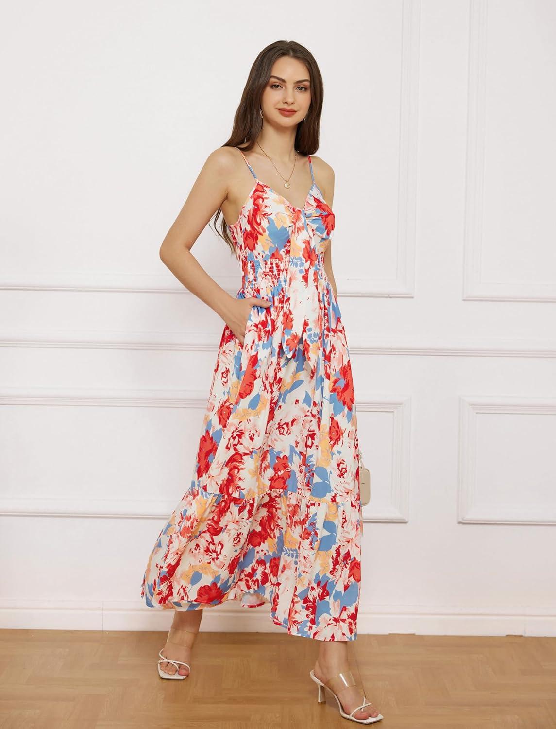 imageGRACE KARIN Womens 2026 Summer Maxi Dress Floral Tie Front Spaghetti Strap Casual Boho Beach Flowy Sundress with PocketsBlue Red Floral