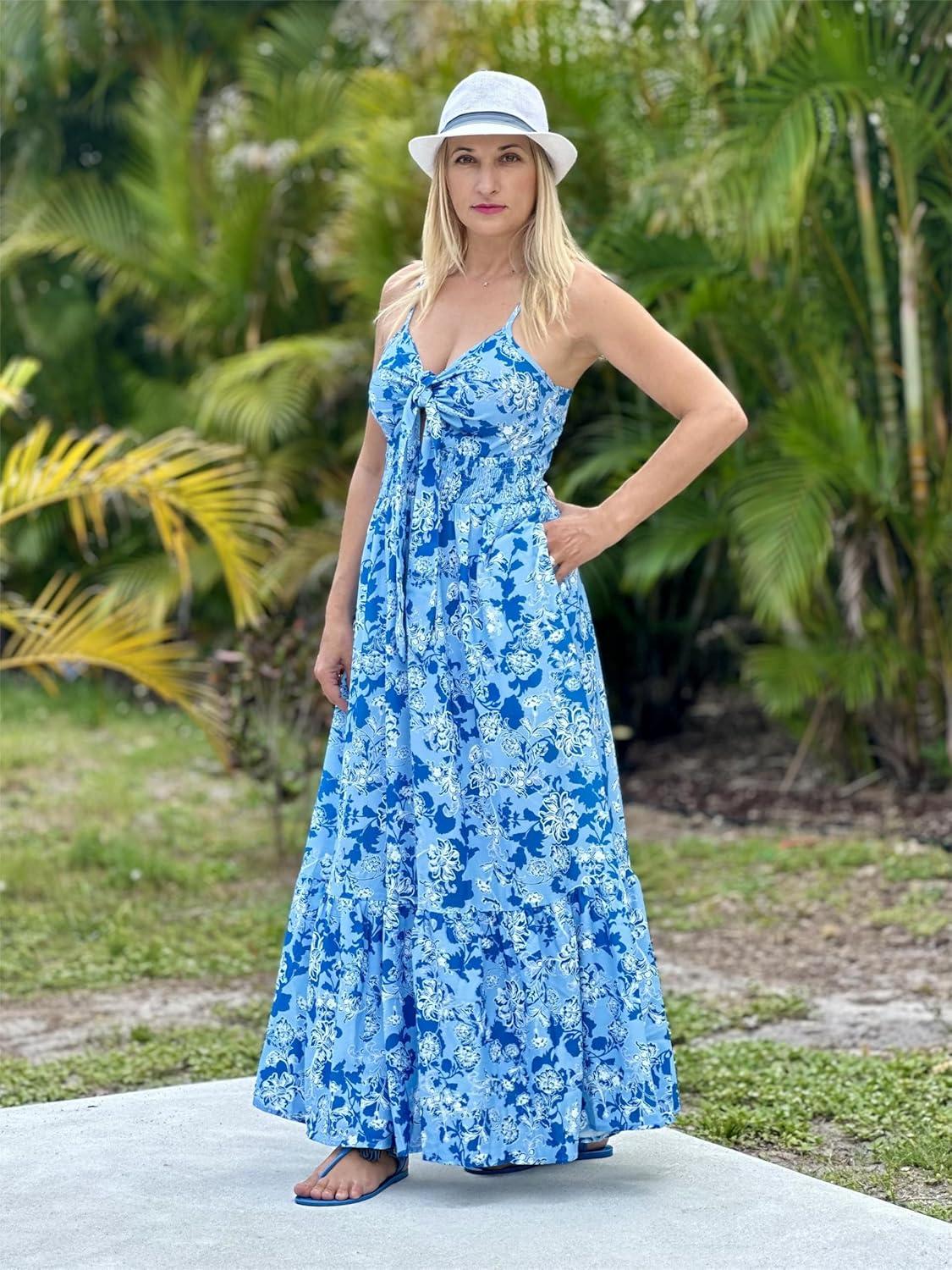 imageGRACE KARIN Womens 2026 Summer Maxi Dress Floral Tie Front Spaghetti Strap Casual Boho Beach Flowy Sundress with PocketsBlue White Vine