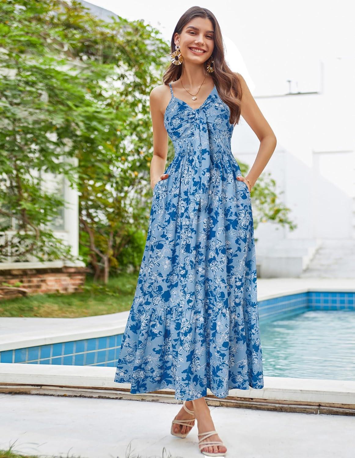 imageGRACE KARIN Womens 2026 Summer Maxi Dress Floral Tie Front Spaghetti Strap Casual Boho Beach Flowy Sundress with PocketsBlue White Vine