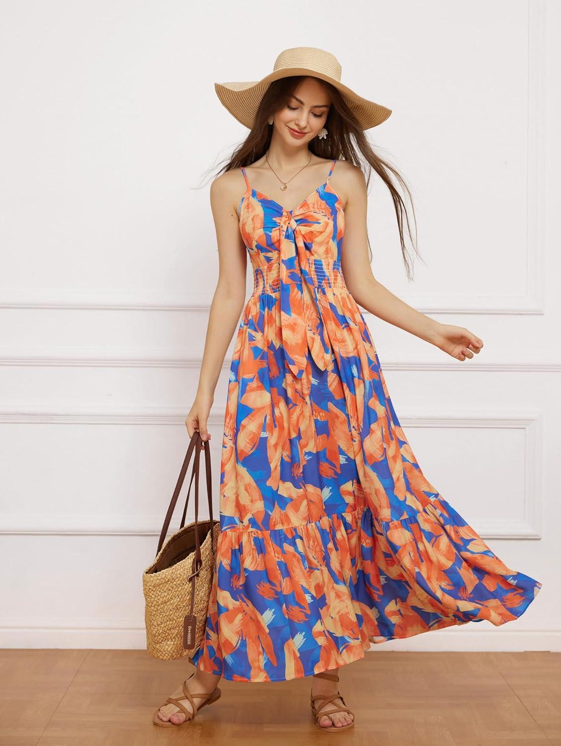 imageGRACE KARIN Womens 2026 Summer Maxi Dress Floral Tie Front Spaghetti Strap Casual Boho Beach Flowy Sundress with PocketsOrange Blue Floral