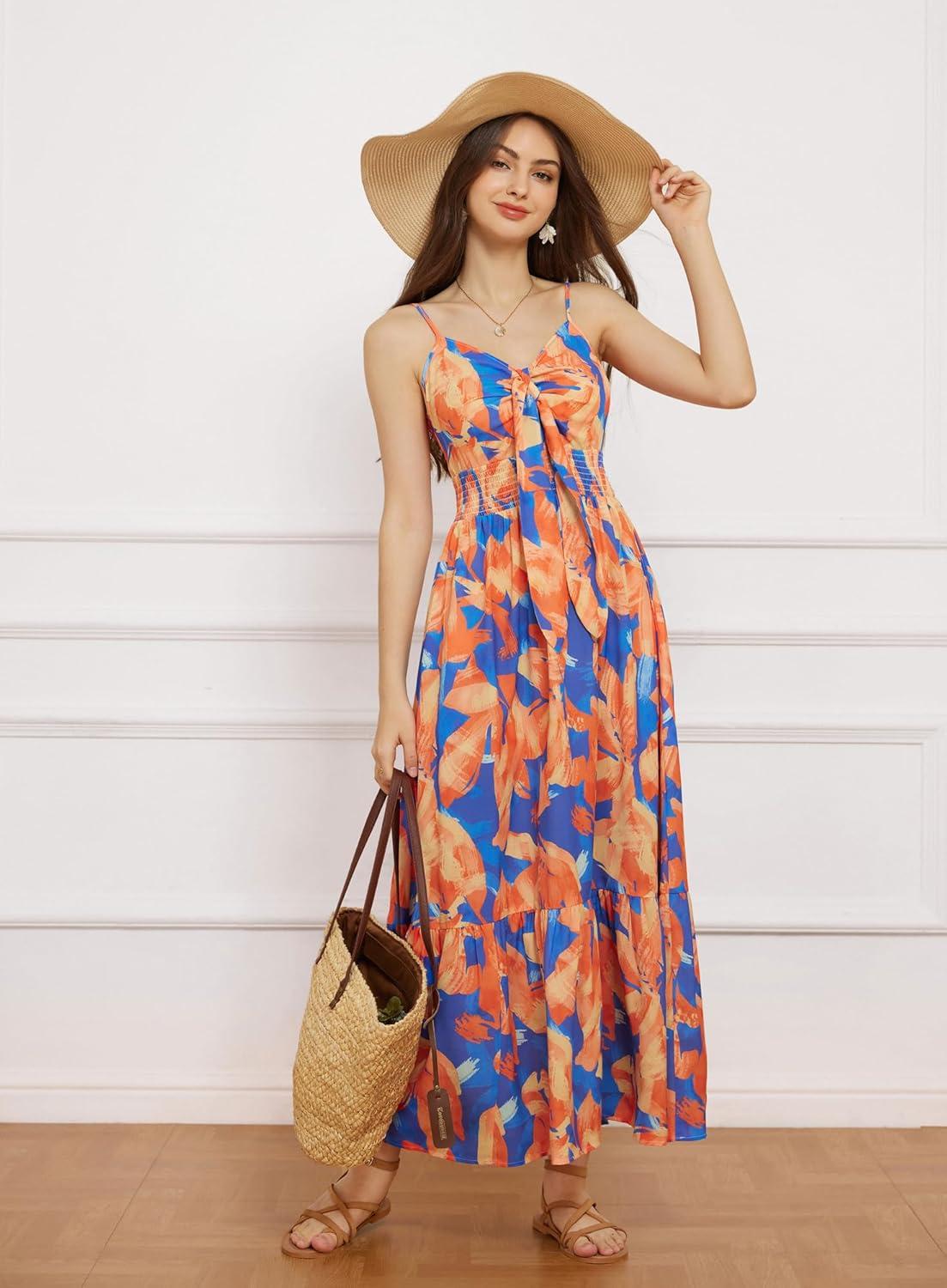 imageGRACE KARIN Womens 2026 Summer Maxi Dress Floral Tie Front Spaghetti Strap Casual Boho Beach Flowy Sundress with PocketsOrange Blue Floral