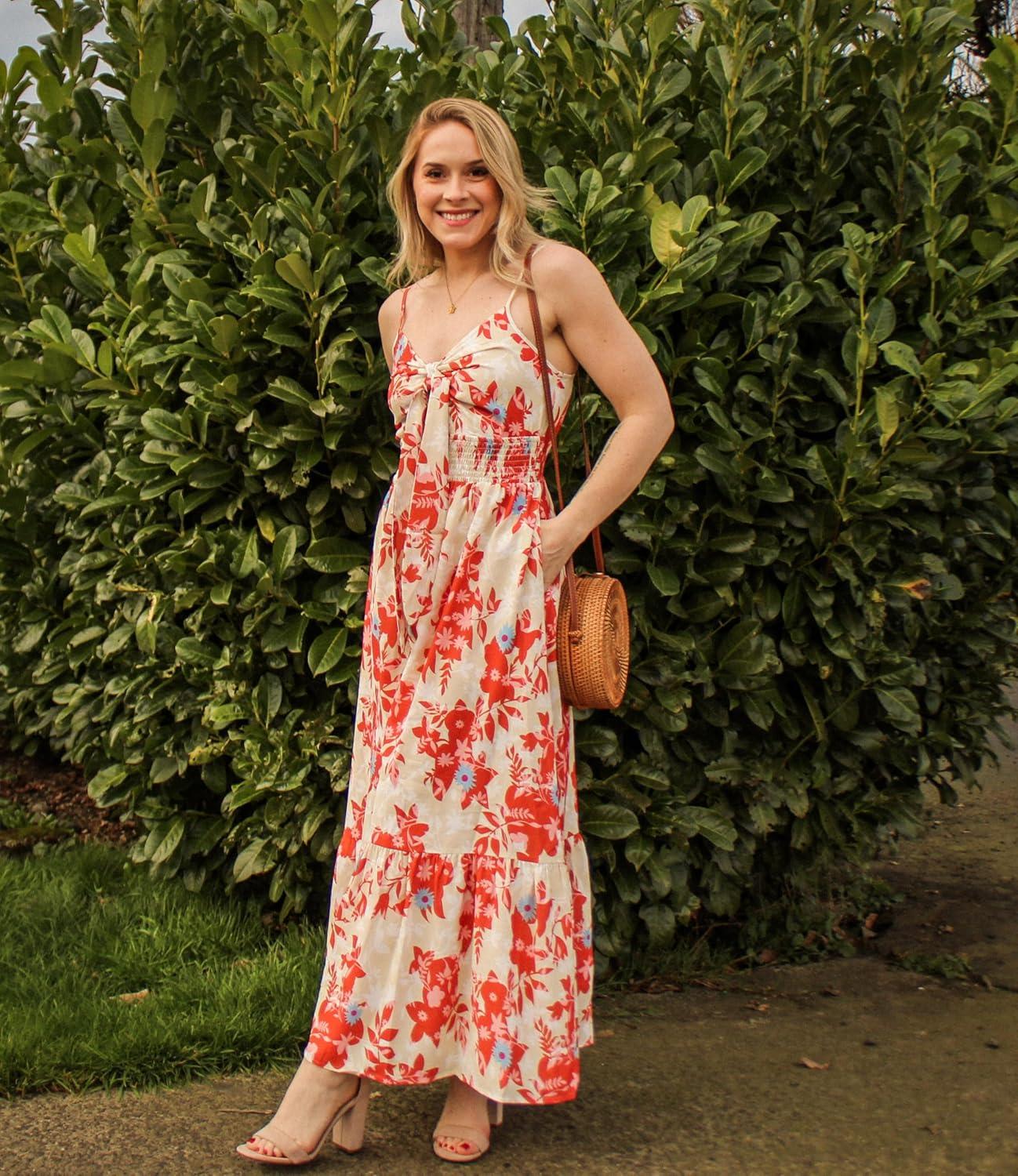 imageGRACE KARIN Womens 2026 Summer Maxi Dress Floral Tie Front Spaghetti Strap Casual Boho Beach Flowy Sundress with PocketsOrange Floral