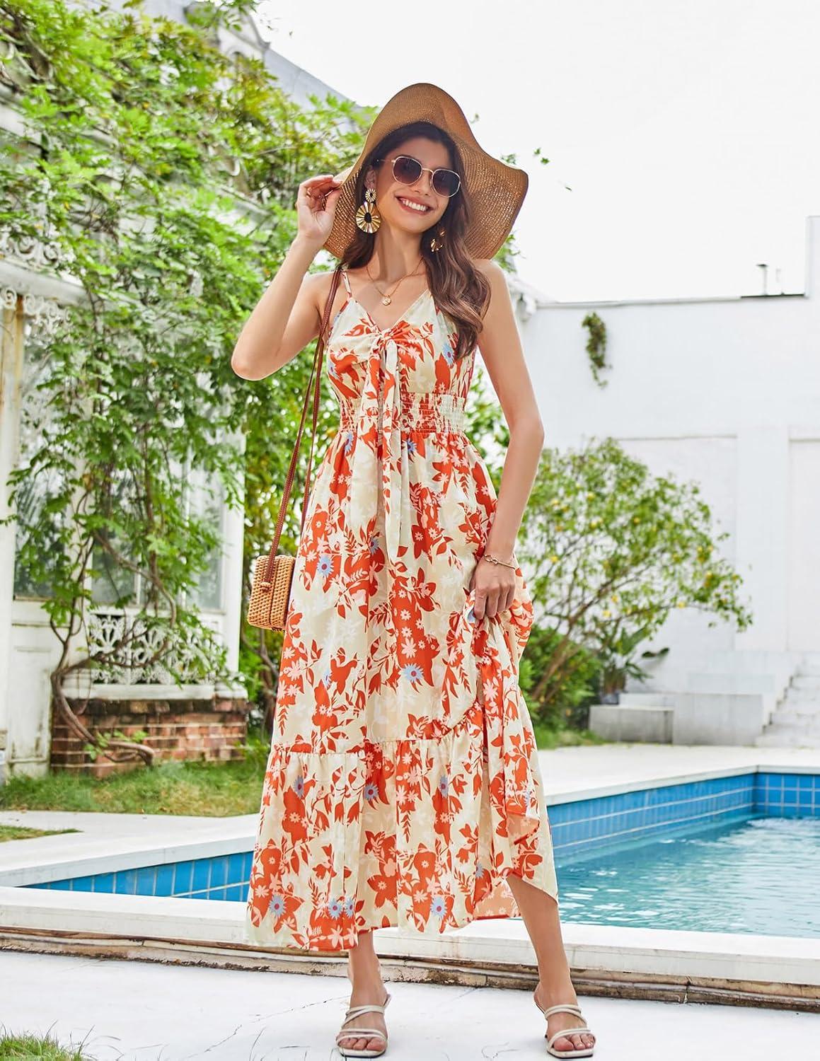 imageGRACE KARIN Womens 2026 Summer Maxi Dress Floral Tie Front Spaghetti Strap Casual Boho Beach Flowy Sundress with PocketsOrange Floral