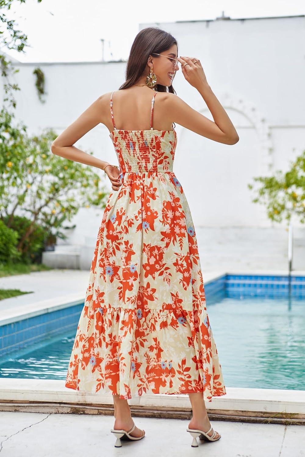 imageGRACE KARIN Womens 2026 Summer Maxi Dress Floral Tie Front Spaghetti Strap Casual Boho Beach Flowy Sundress with PocketsOrange Floral