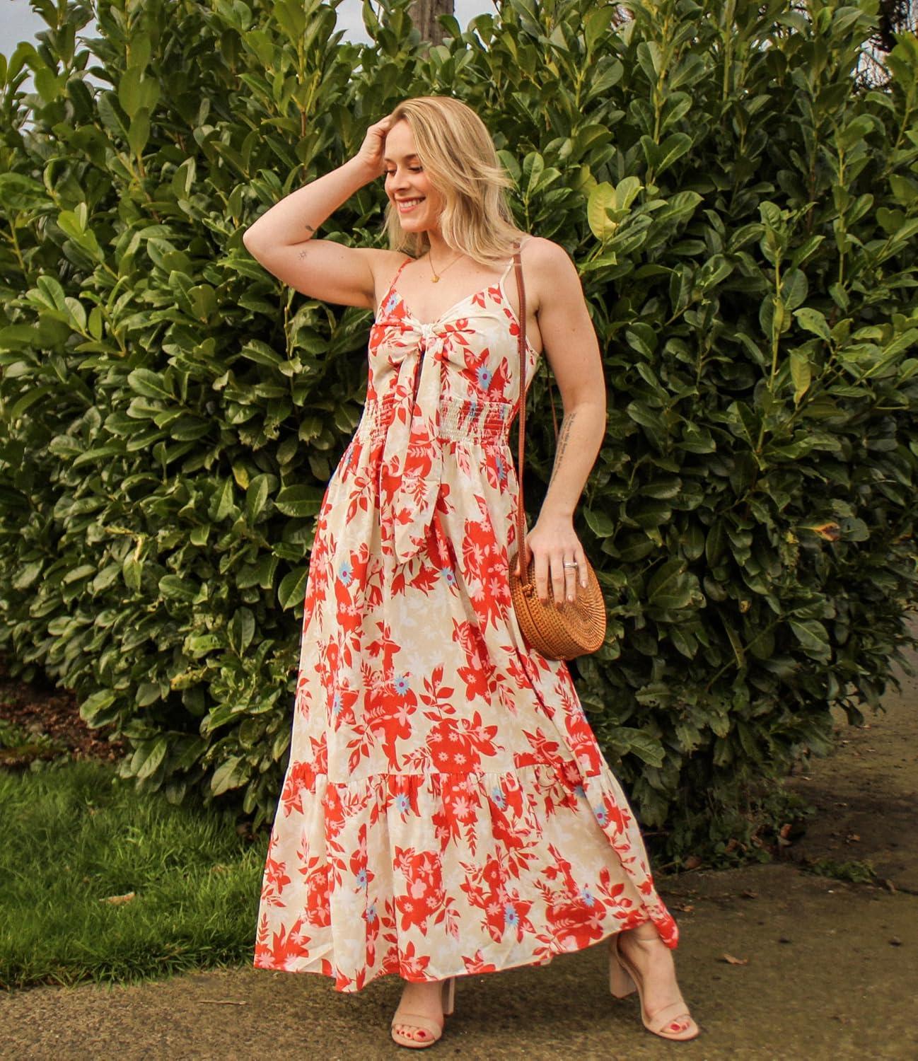 imageGRACE KARIN Womens 2026 Summer Maxi Dress Floral Tie Front Spaghetti Strap Casual Boho Beach Flowy Sundress with PocketsOrange Floral