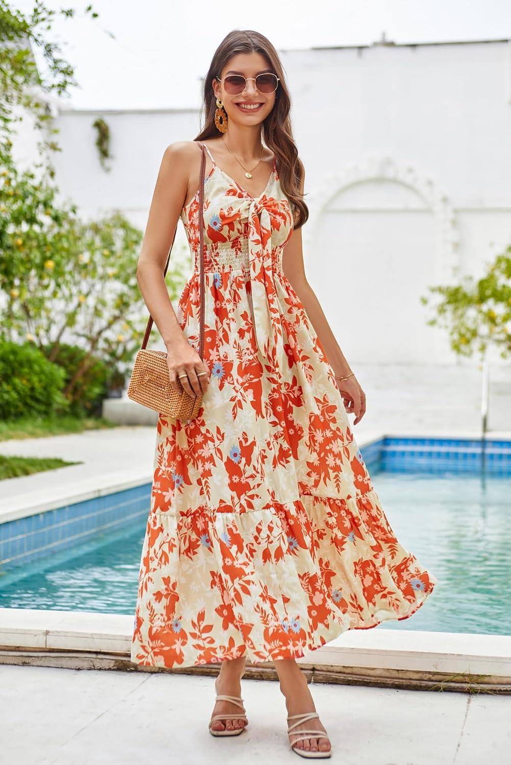 imageGRACE KARIN Womens 2026 Summer Maxi Dress Floral Tie Front Spaghetti Strap Casual Boho Beach Flowy Sundress with PocketsOrange Floral