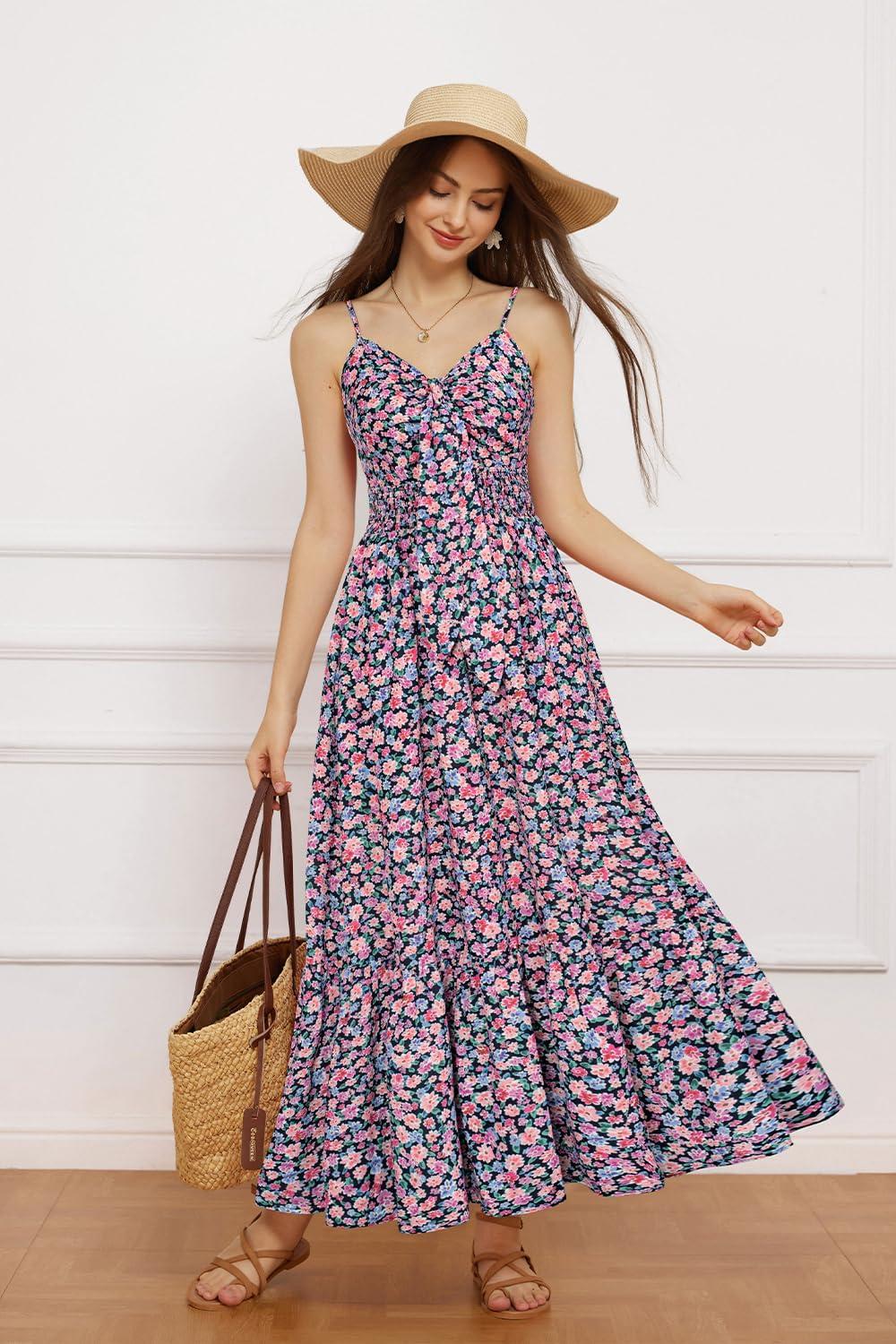 imageGRACE KARIN Womens 2026 Summer Maxi Dress Floral Tie Front Spaghetti Strap Casual Boho Beach Flowy Sundress with PocketsPurple Pink Floral