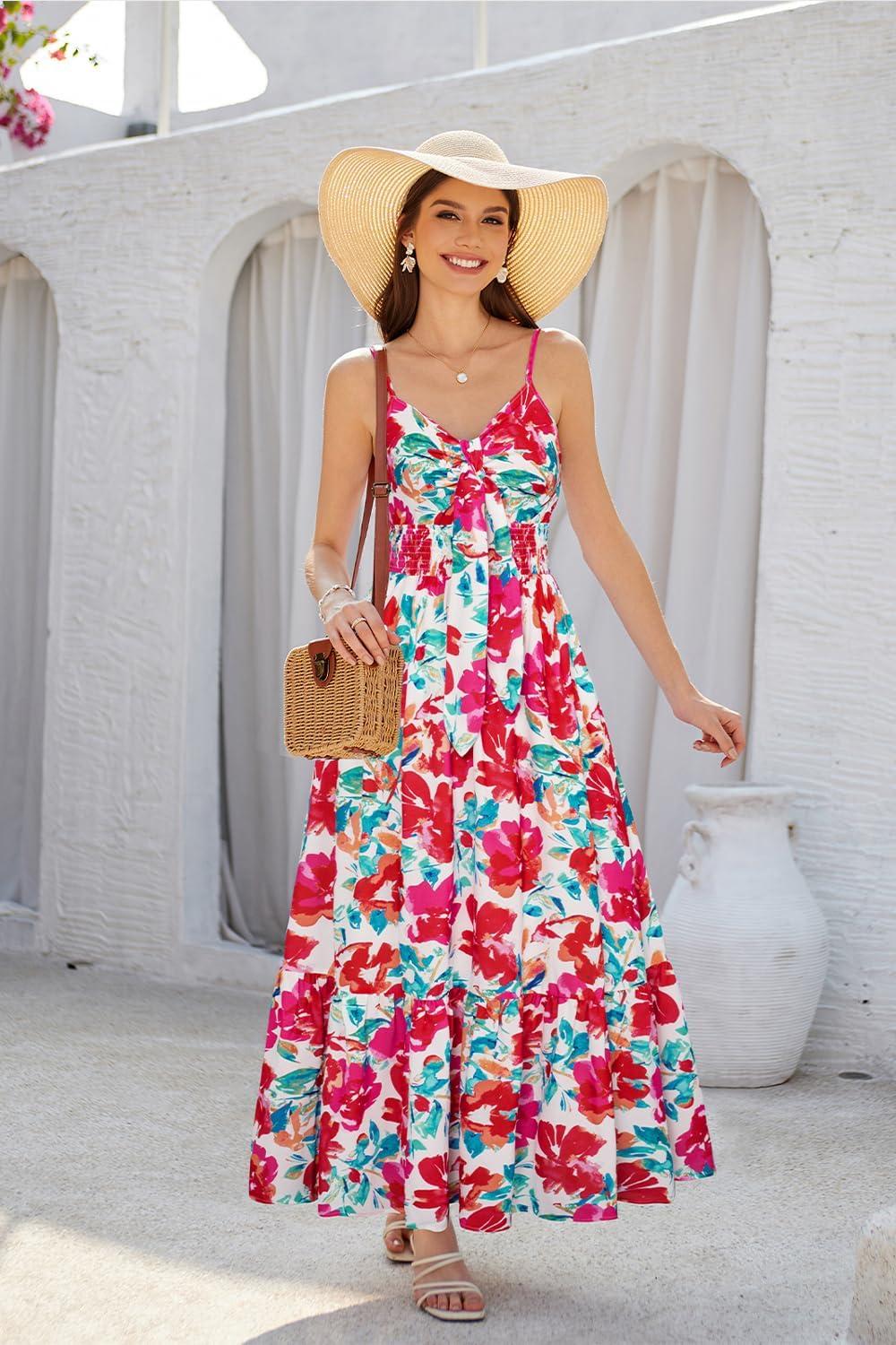 imageGRACE KARIN Womens 2026 Summer Maxi Dress Floral Tie Front Spaghetti Strap Casual Boho Beach Flowy Sundress with PocketsRed Blue Floral