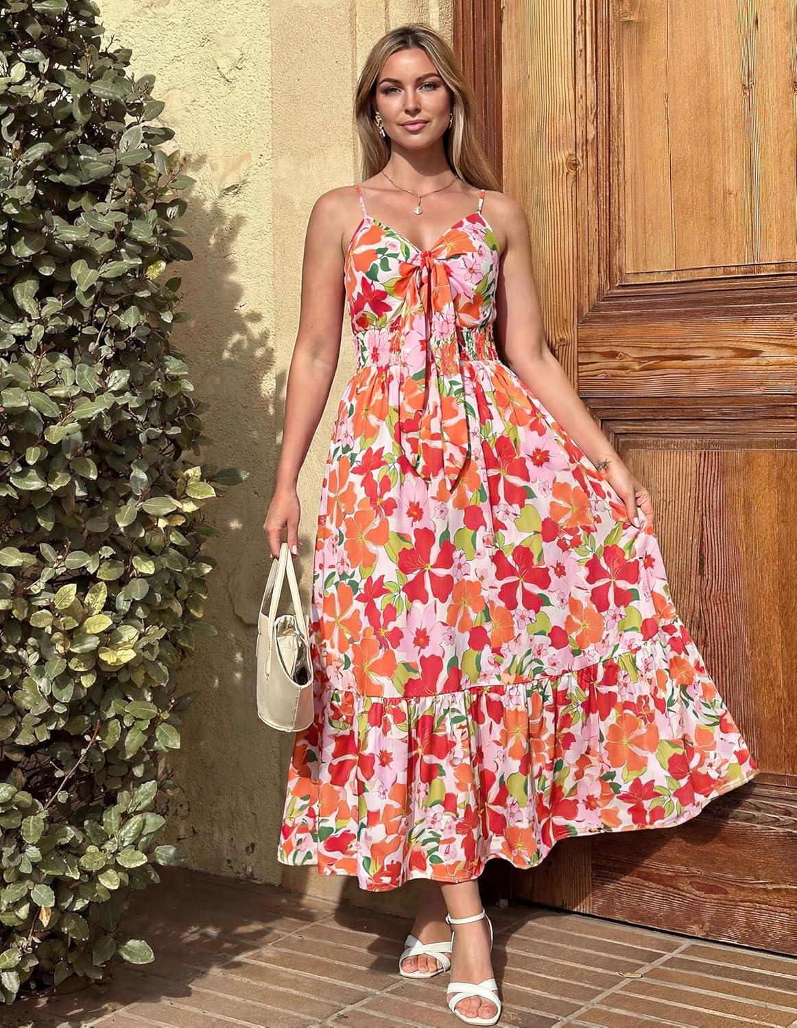 imageGRACE KARIN Womens 2026 Summer Maxi Dress Floral Tie Front Spaghetti Strap Casual Boho Beach Flowy Sundress with PocketsRed Pink Flower