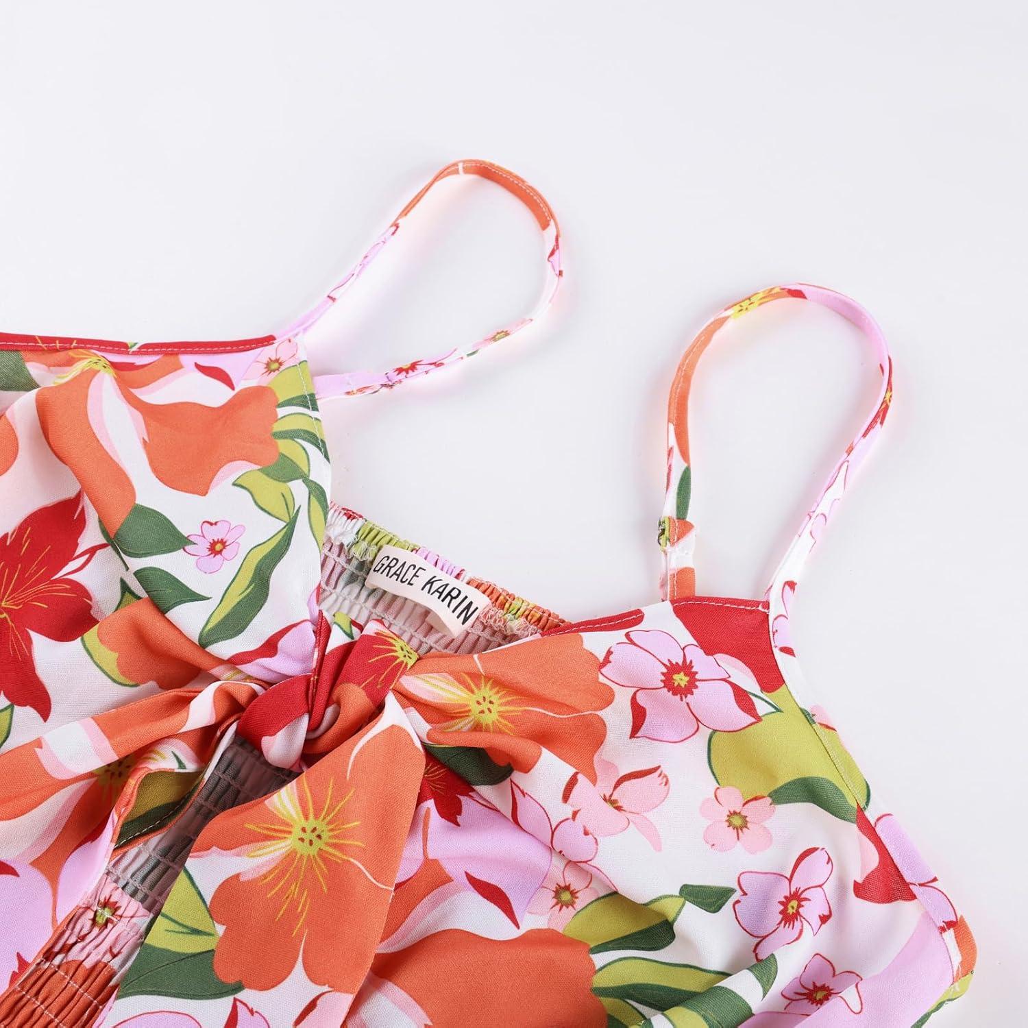 imageGRACE KARIN Womens 2026 Summer Maxi Dress Floral Tie Front Spaghetti Strap Casual Boho Beach Flowy Sundress with PocketsRed Pink Flower