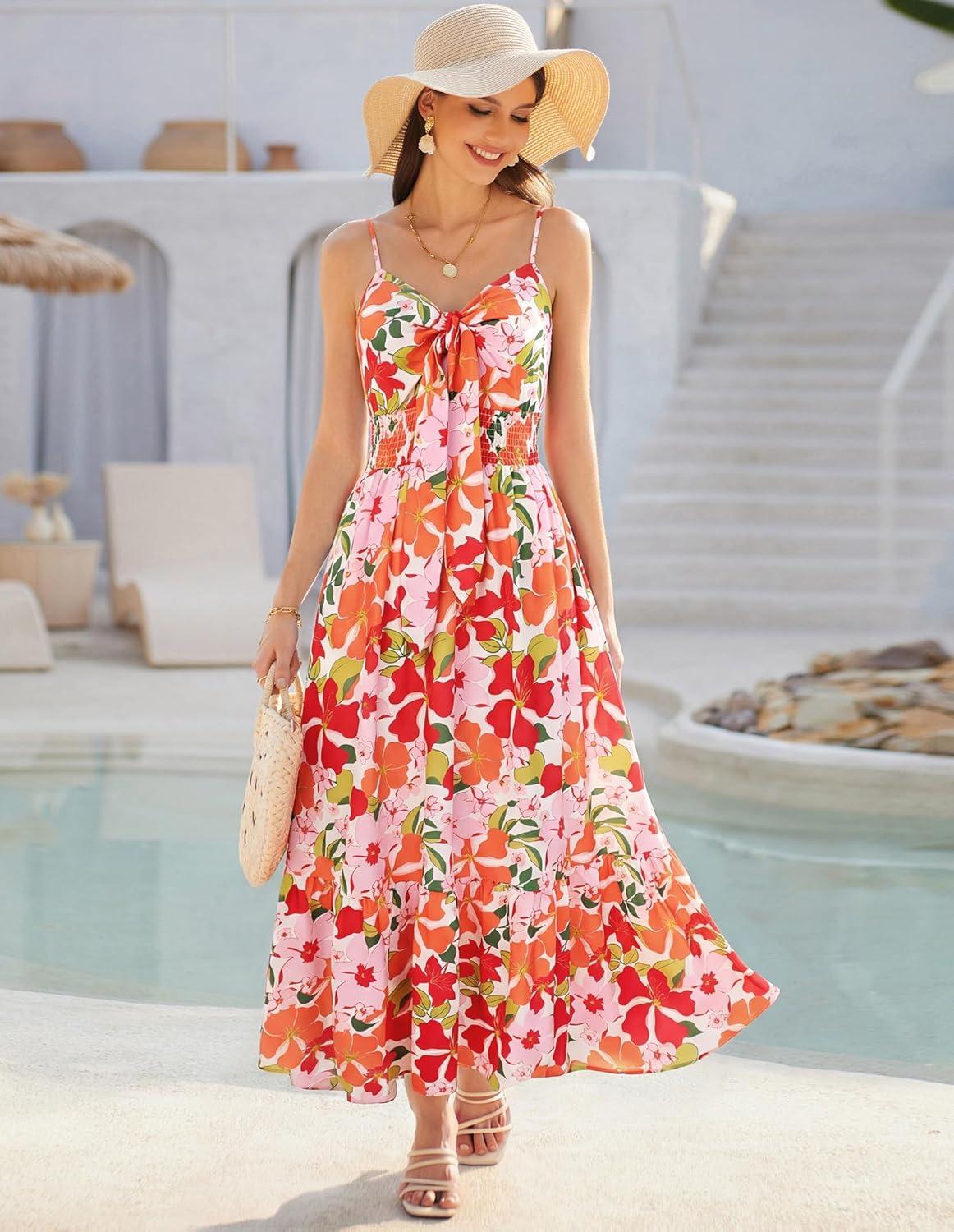 imageGRACE KARIN Womens 2026 Summer Maxi Dress Floral Tie Front Spaghetti Strap Casual Boho Beach Flowy Sundress with PocketsRed Pink Flower