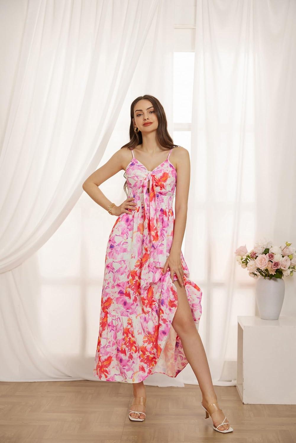 imageGRACE KARIN Womens 2026 Summer Maxi Dress Floral Tie Front Spaghetti Strap Casual Boho Beach Flowy Sundress with PocketsRed Purple Floral