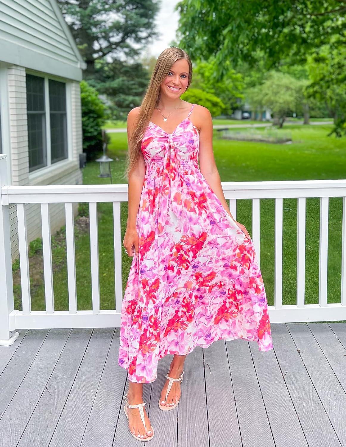 imageGRACE KARIN Womens 2026 Summer Maxi Dress Floral Tie Front Spaghetti Strap Casual Boho Beach Flowy Sundress with PocketsRed Purple Floral