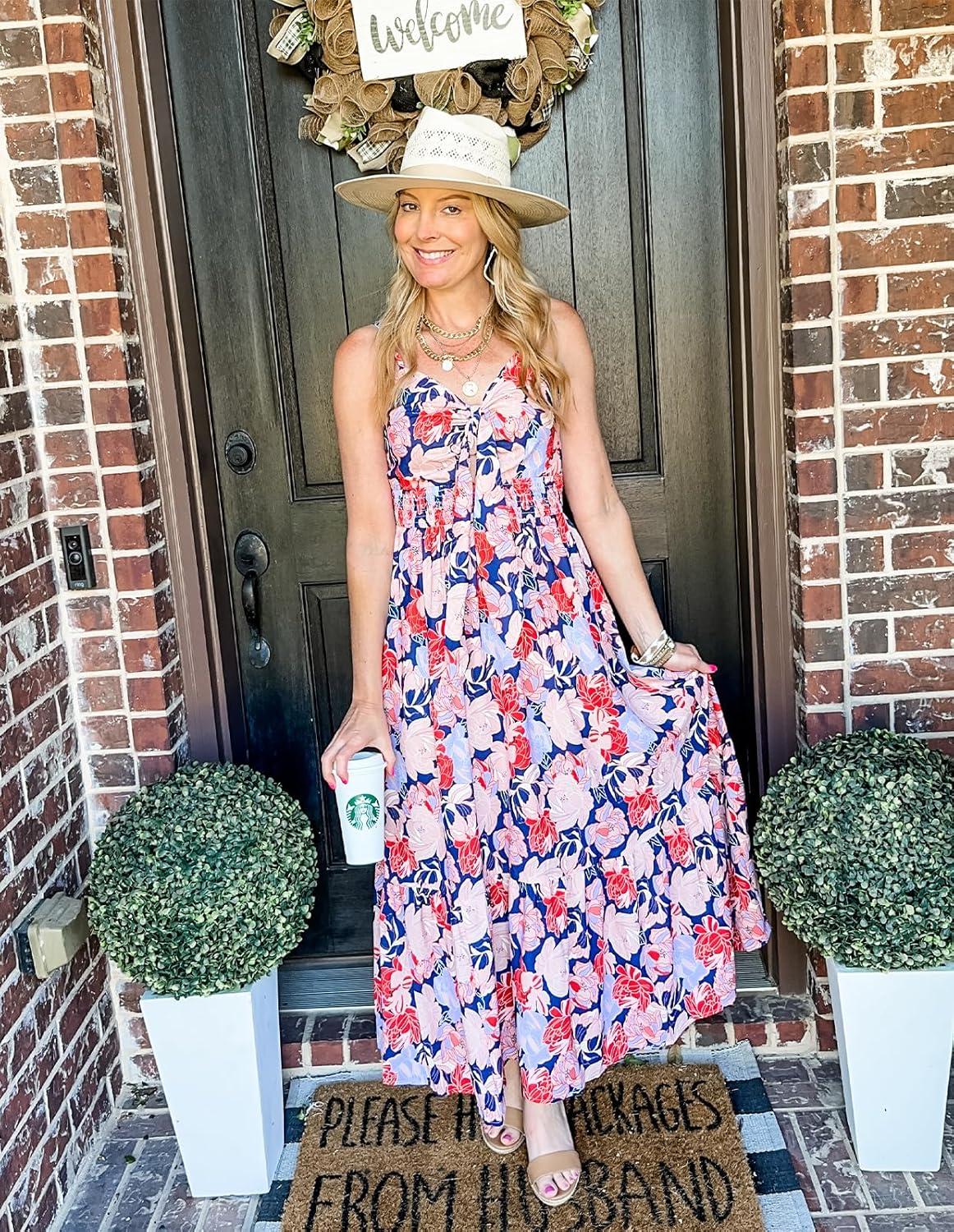 imageGRACE KARIN Womens 2026 Summer Maxi Dress Floral Tie Front Spaghetti Strap Casual Boho Beach Flowy Sundress with PocketsRed Yellow Floral