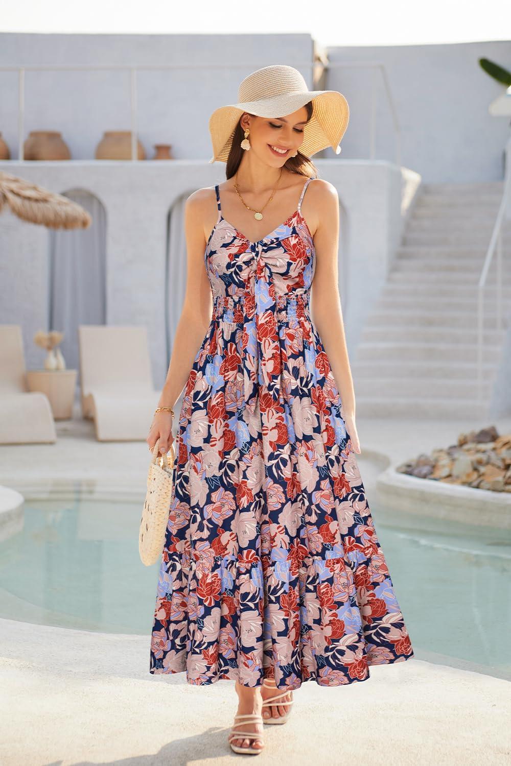 imageGRACE KARIN Womens 2026 Summer Maxi Dress Floral Tie Front Spaghetti Strap Casual Boho Beach Flowy Sundress with PocketsRed Yellow Floral
