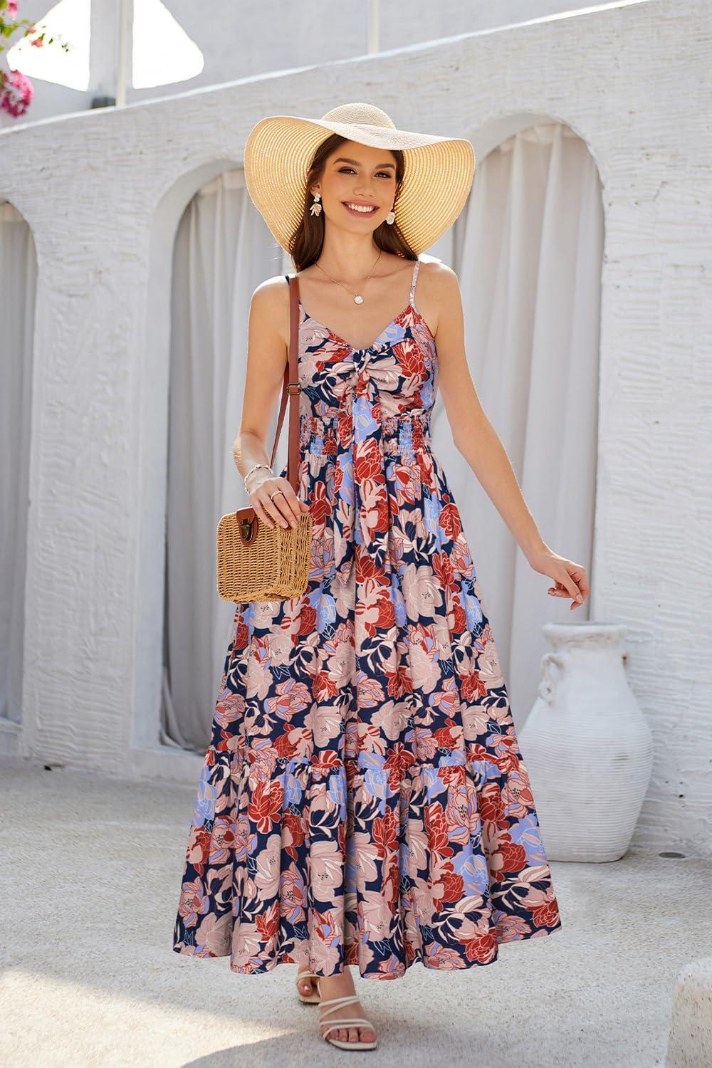 imageGRACE KARIN Womens 2026 Summer Maxi Dress Floral Tie Front Spaghetti Strap Casual Boho Beach Flowy Sundress with PocketsRed Yellow Floral