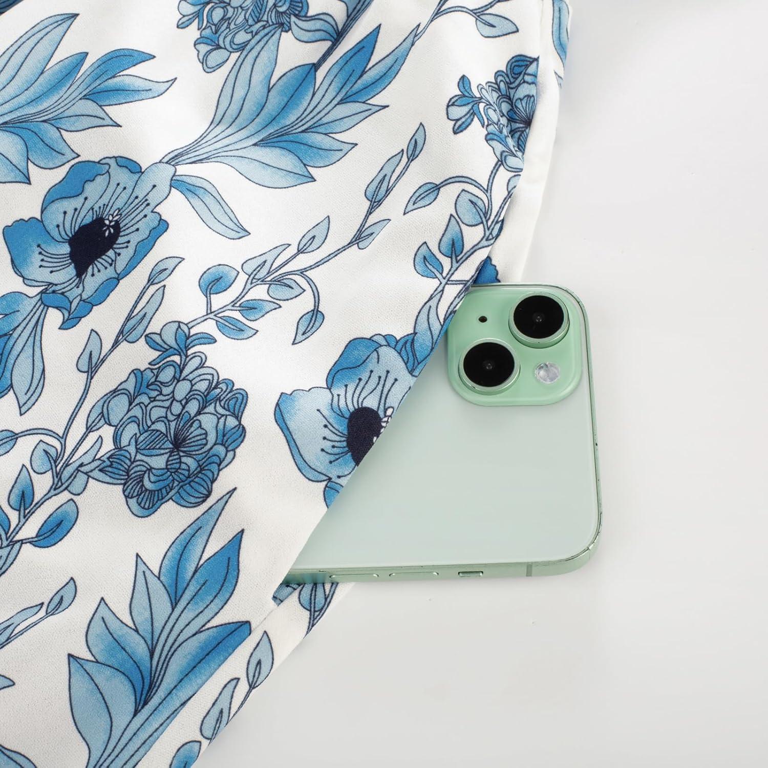 imageGRACE KARIN Womens 2026 Summer Maxi Dress Floral Tie Front Spaghetti Strap Casual Boho Beach Flowy Sundress with PocketsWhite Blue Vine