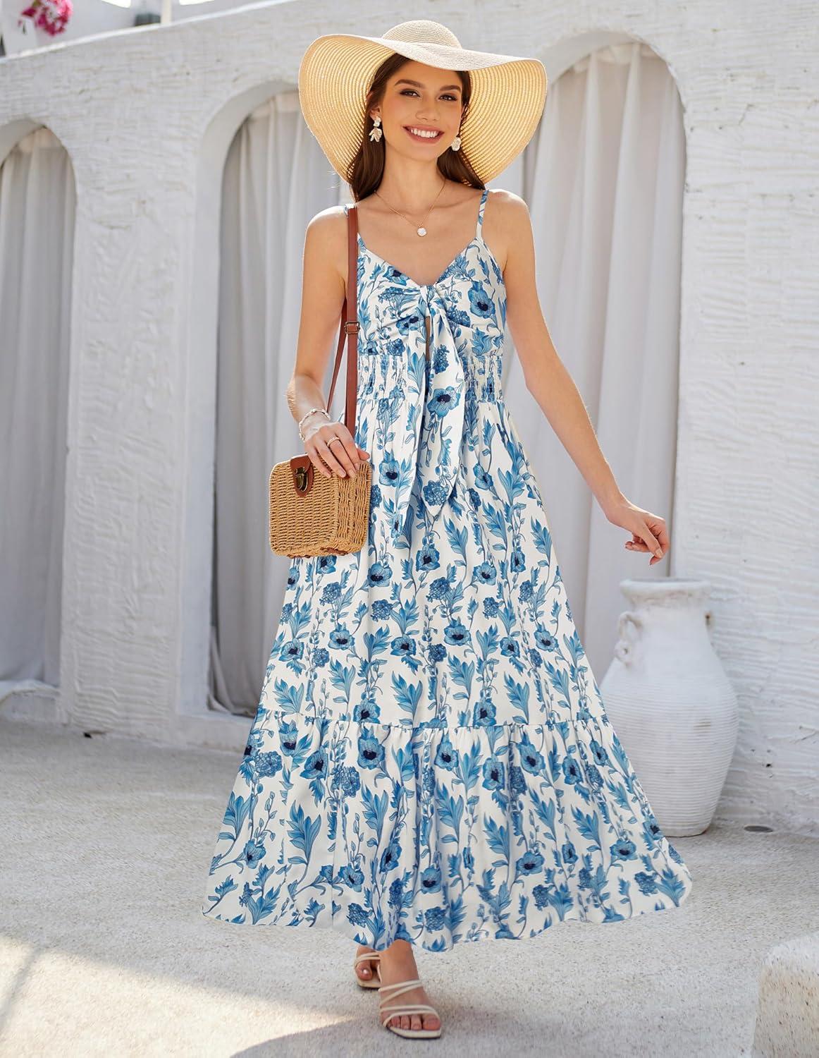 imageGRACE KARIN Womens 2026 Summer Maxi Dress Floral Tie Front Spaghetti Strap Casual Boho Beach Flowy Sundress with PocketsWhite Blue Vine