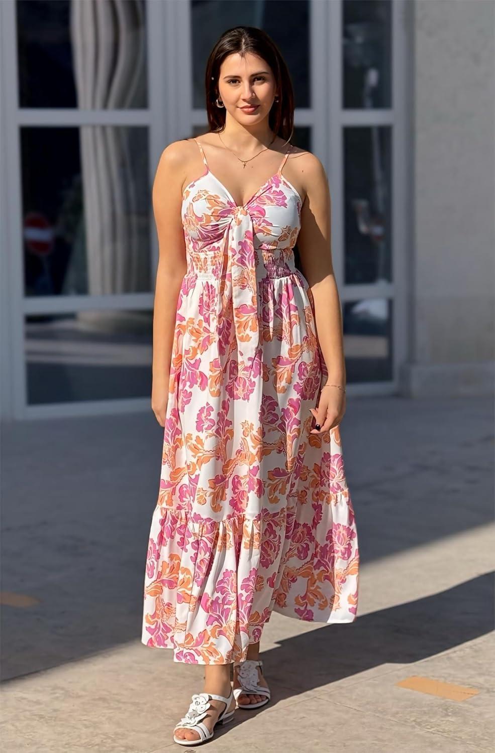 imageGRACE KARIN Womens 2026 Summer Maxi Dress Floral Tie Front Spaghetti Strap Casual Boho Beach Flowy Sundress with PocketsWhite Pink Flowers