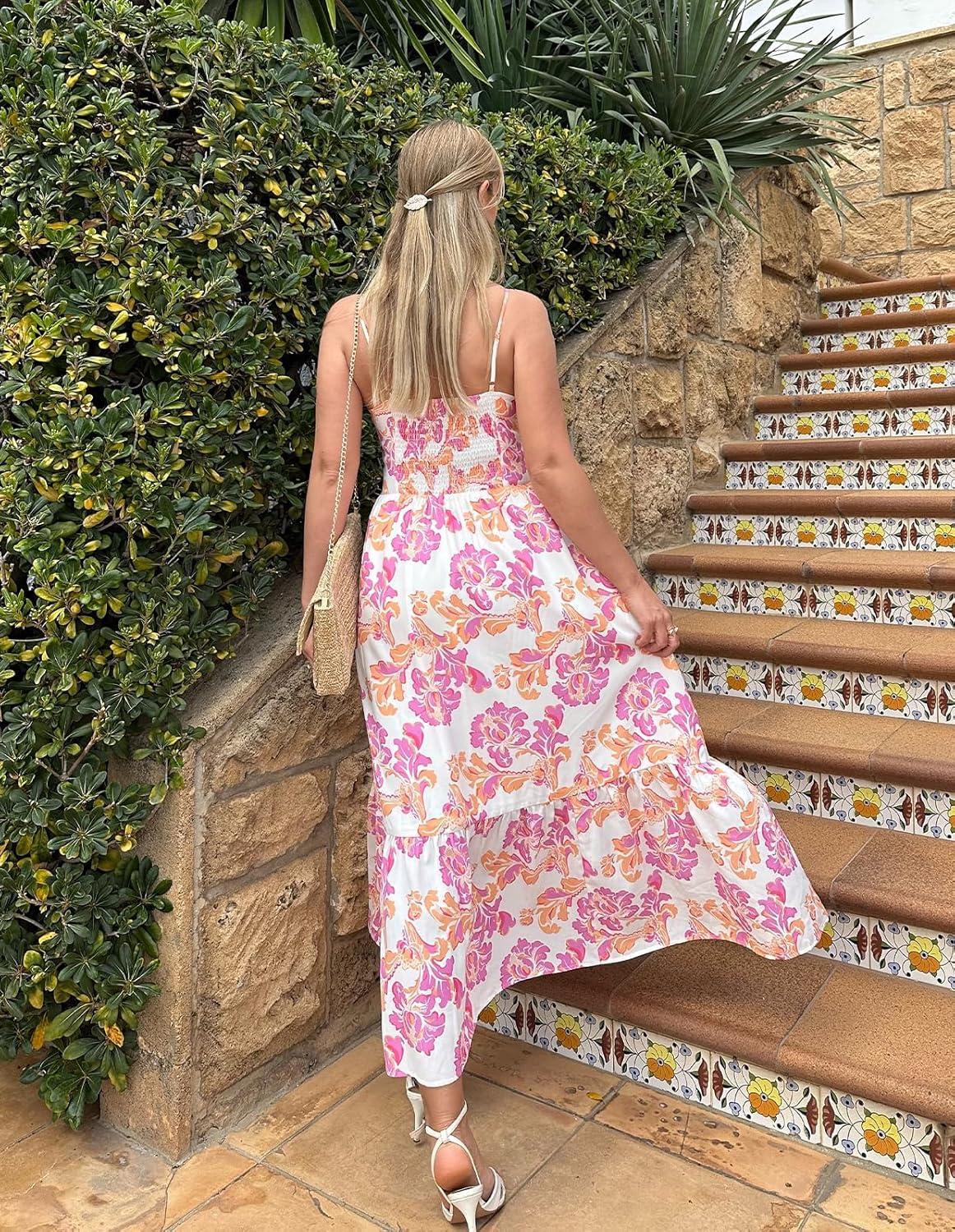 imageGRACE KARIN Womens 2026 Summer Maxi Dress Floral Tie Front Spaghetti Strap Casual Boho Beach Flowy Sundress with PocketsWhite Pink Flowers