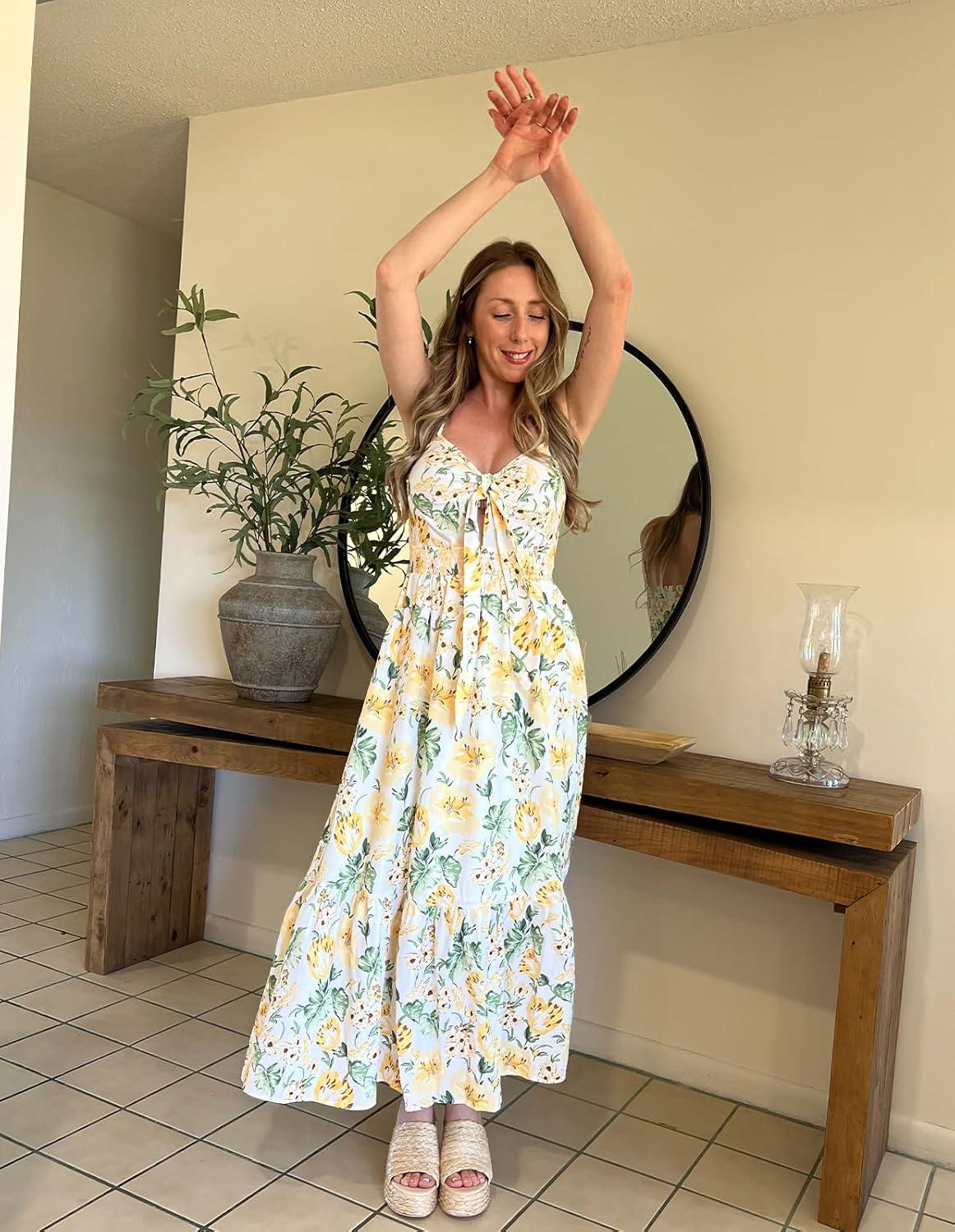 imageGRACE KARIN Womens 2026 Summer Maxi Dress Floral Tie Front Spaghetti Strap Casual Boho Beach Flowy Sundress with PocketsWhite Yellow Flowers