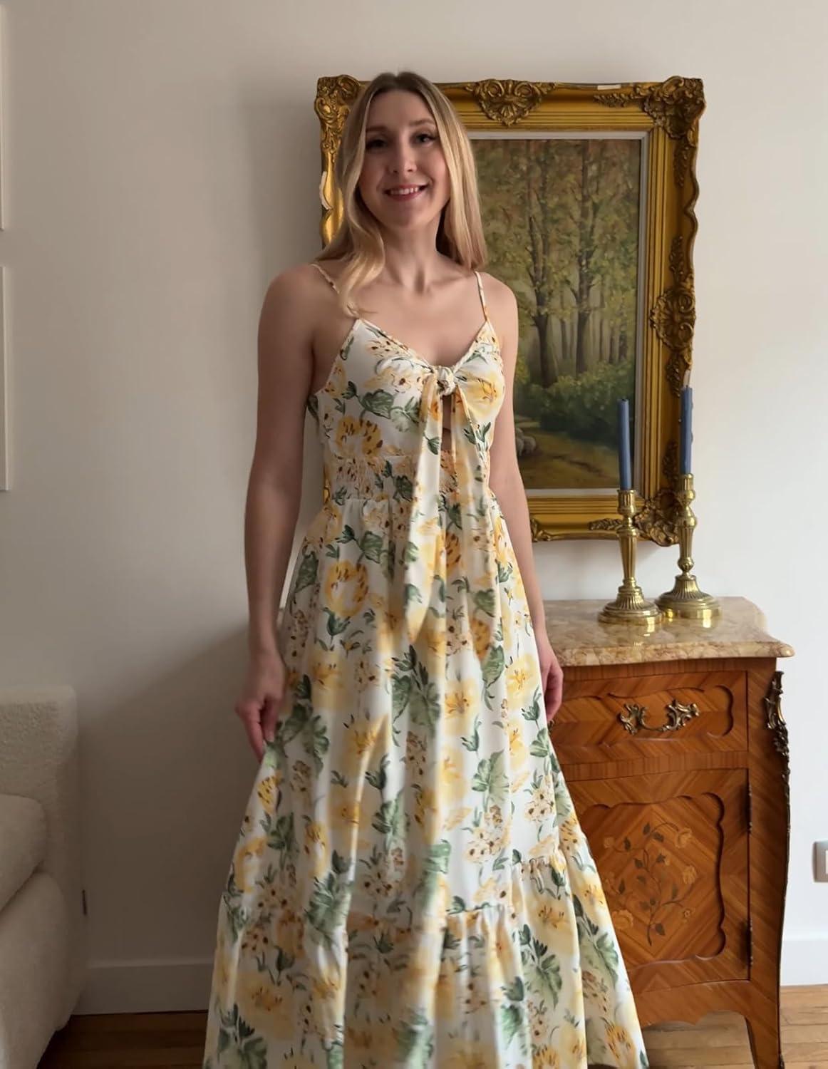 imageGRACE KARIN Womens 2026 Summer Maxi Dress Floral Tie Front Spaghetti Strap Casual Boho Beach Flowy Sundress with PocketsWhite Yellow Flowers