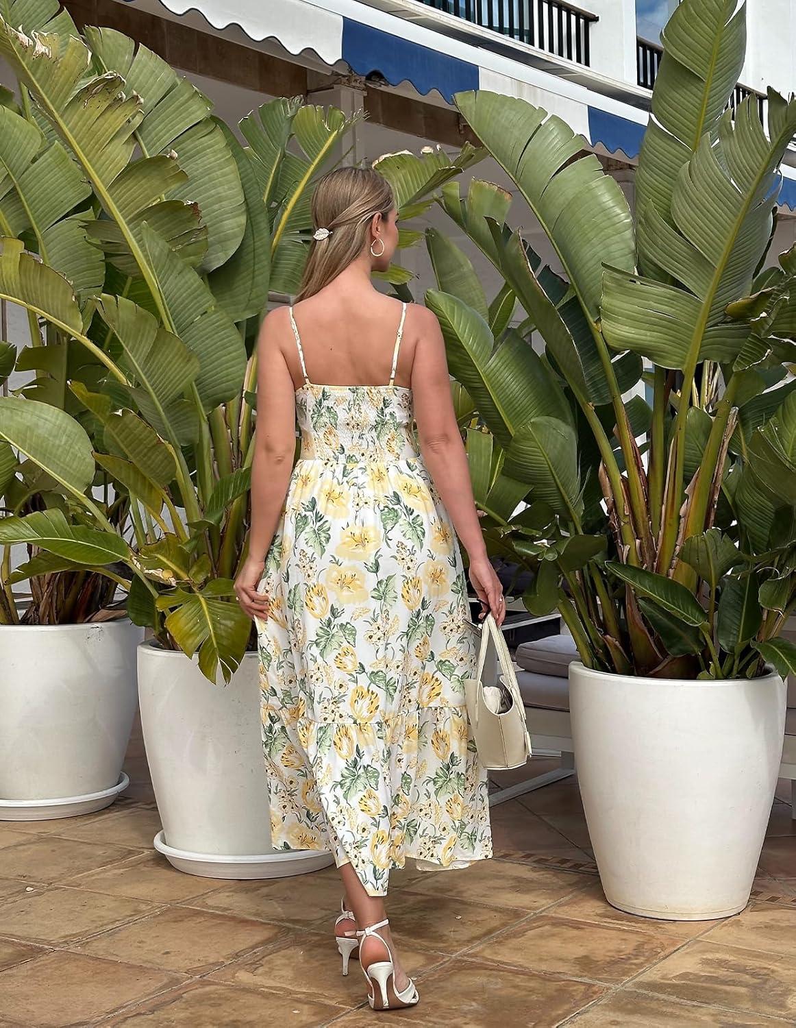 imageGRACE KARIN Womens 2026 Summer Maxi Dress Floral Tie Front Spaghetti Strap Casual Boho Beach Flowy Sundress with PocketsWhite Yellow Flowers