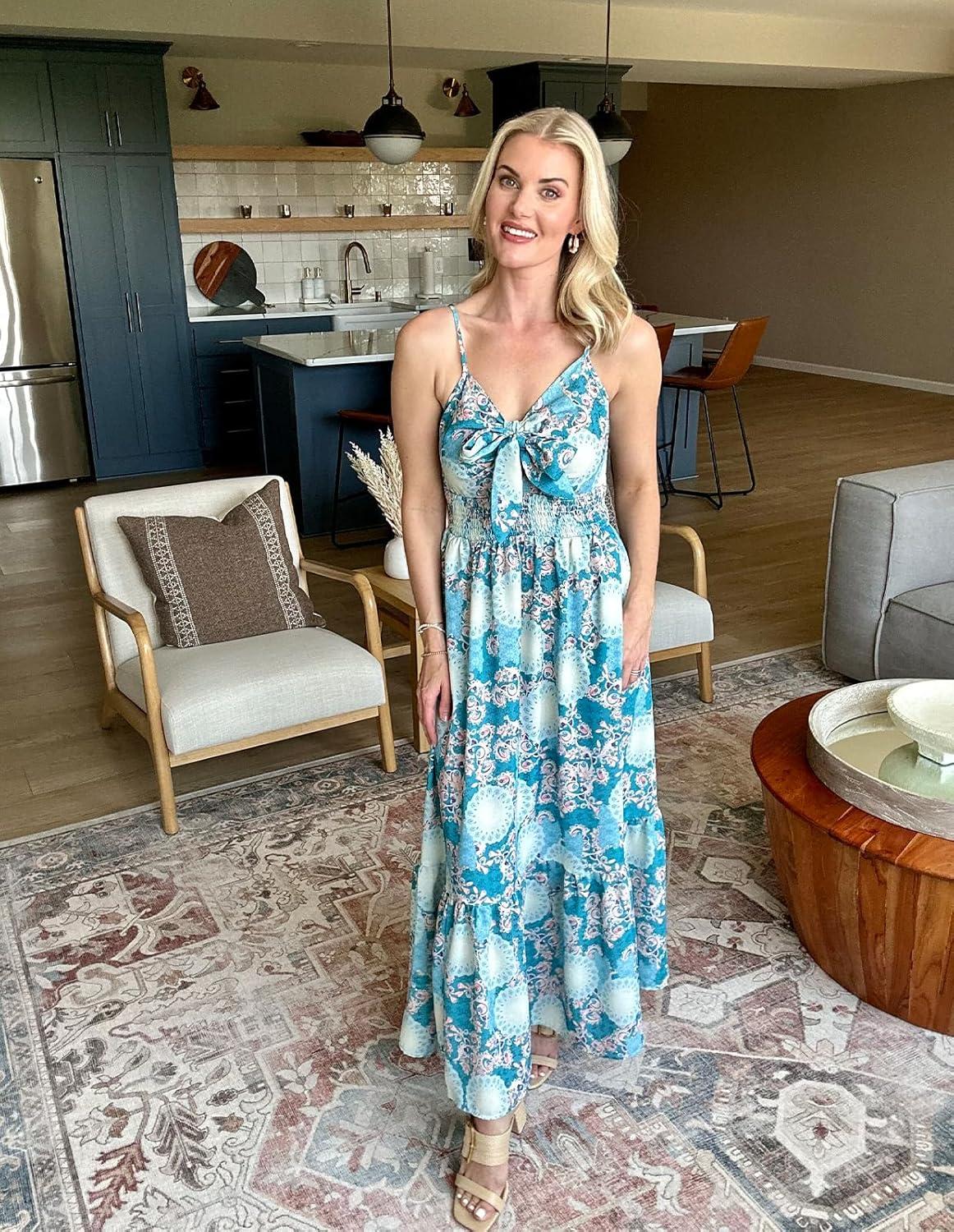 imageGRACE KARIN Womens 2026 Summer Maxi Dress Floral Tie Front Spaghetti Strap Casual Boho Beach Flowy Sundress with PocketsYellow Green Floral