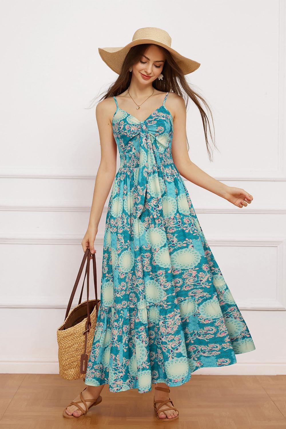 imageGRACE KARIN Womens 2026 Summer Maxi Dress Floral Tie Front Spaghetti Strap Casual Boho Beach Flowy Sundress with PocketsYellow Green Floral