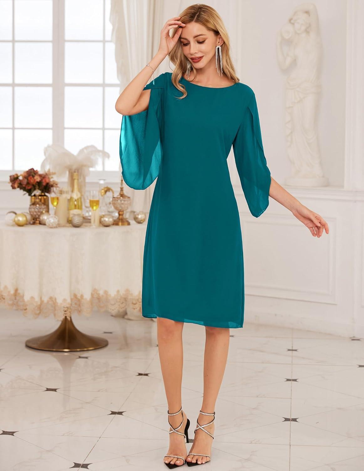 imageGRACE KARIN Womens Chiffon Dresses Flutter Sleeve Party Wedding Cocktail Dress Size 820Blue Green 1