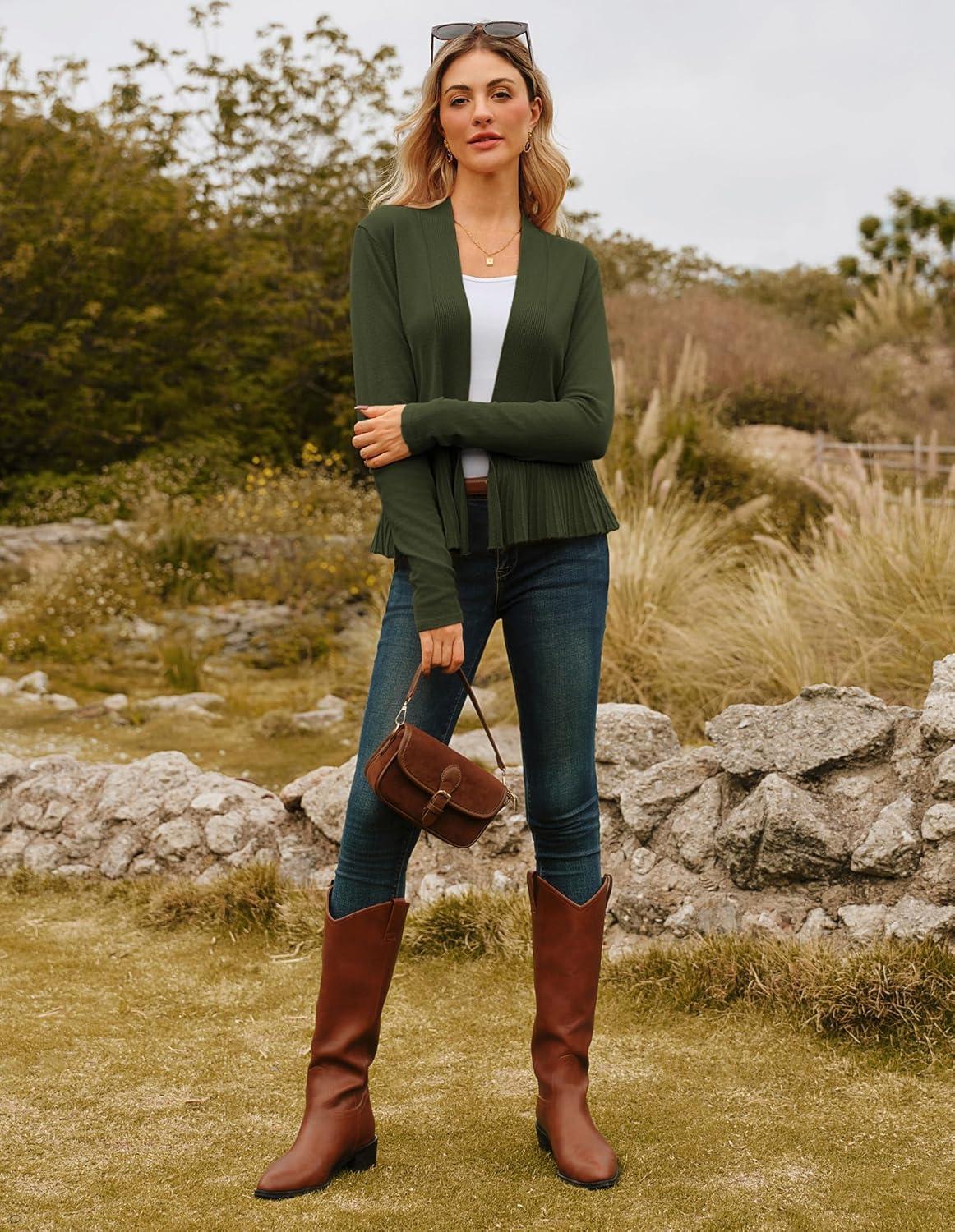 imageGRACE KARIN Womens Lightweight Draped Open Front Cropped Cardigan Long Sleeve Sweaters Peplum Knit TopsArmy Green