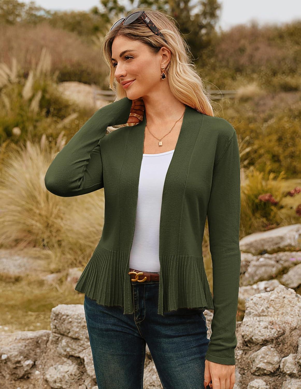 imageGRACE KARIN Womens Lightweight Draped Open Front Cropped Cardigan Long Sleeve Sweaters Peplum Knit TopsArmy Green