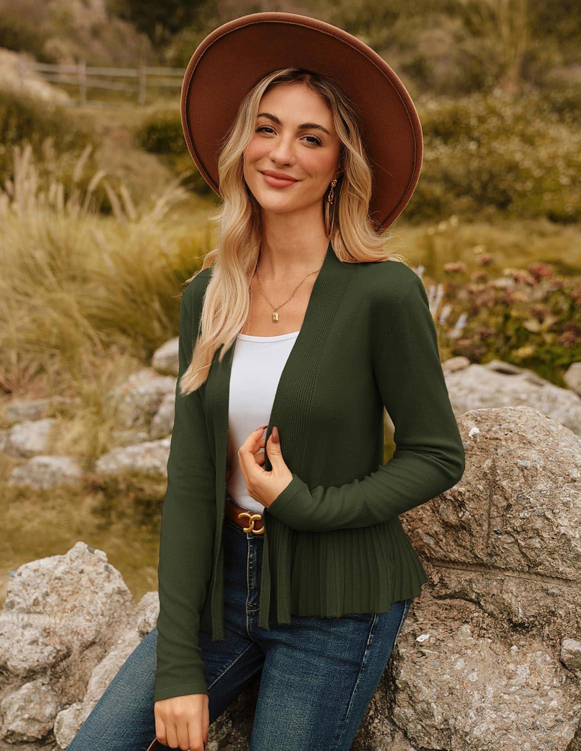 imageGRACE KARIN Womens Lightweight Draped Open Front Cropped Cardigan Long Sleeve Sweaters Peplum Knit TopsArmy Green