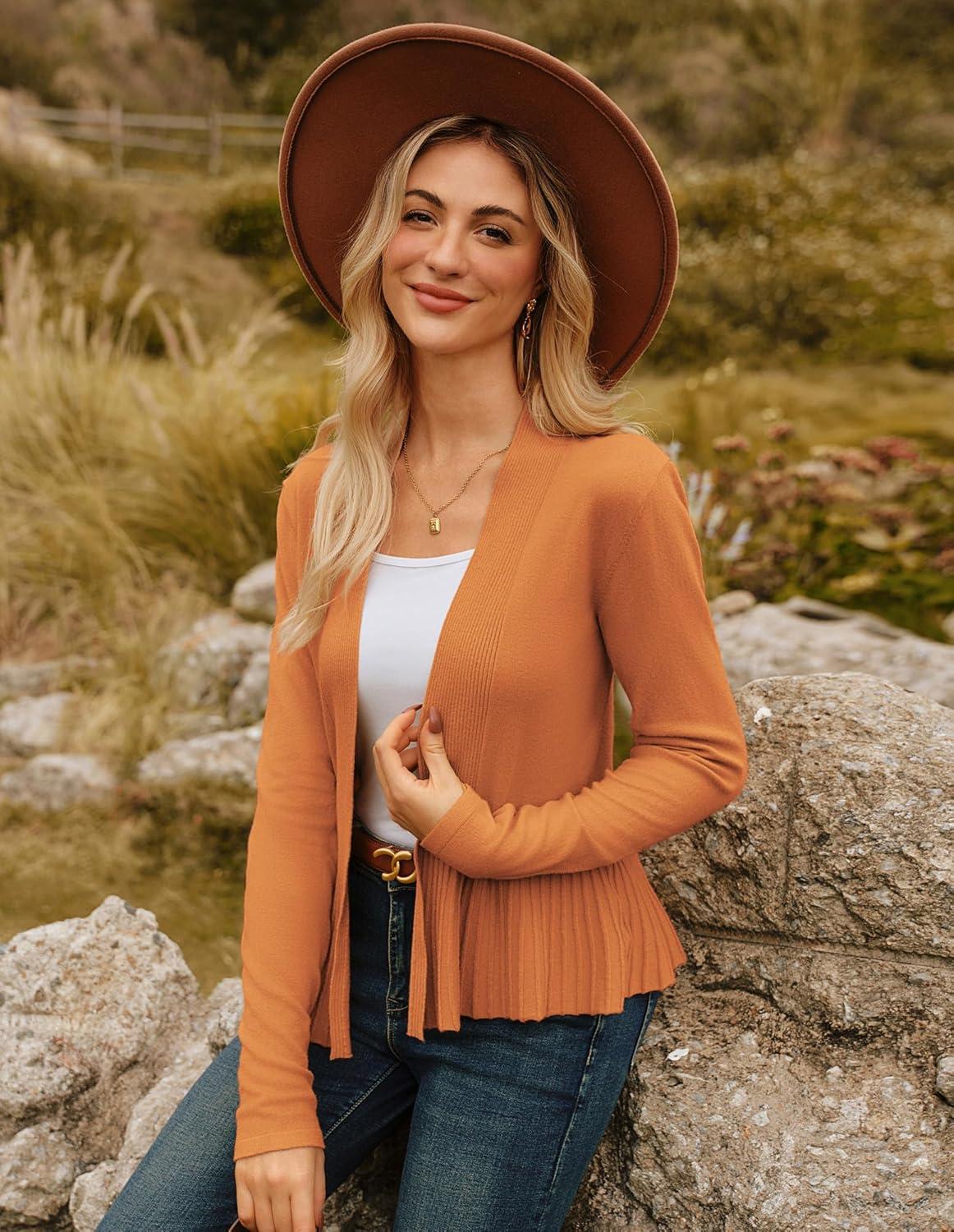 imageGRACE KARIN Womens Lightweight Draped Open Front Cropped Cardigan Long Sleeve Sweaters Peplum Knit TopsBright Brown