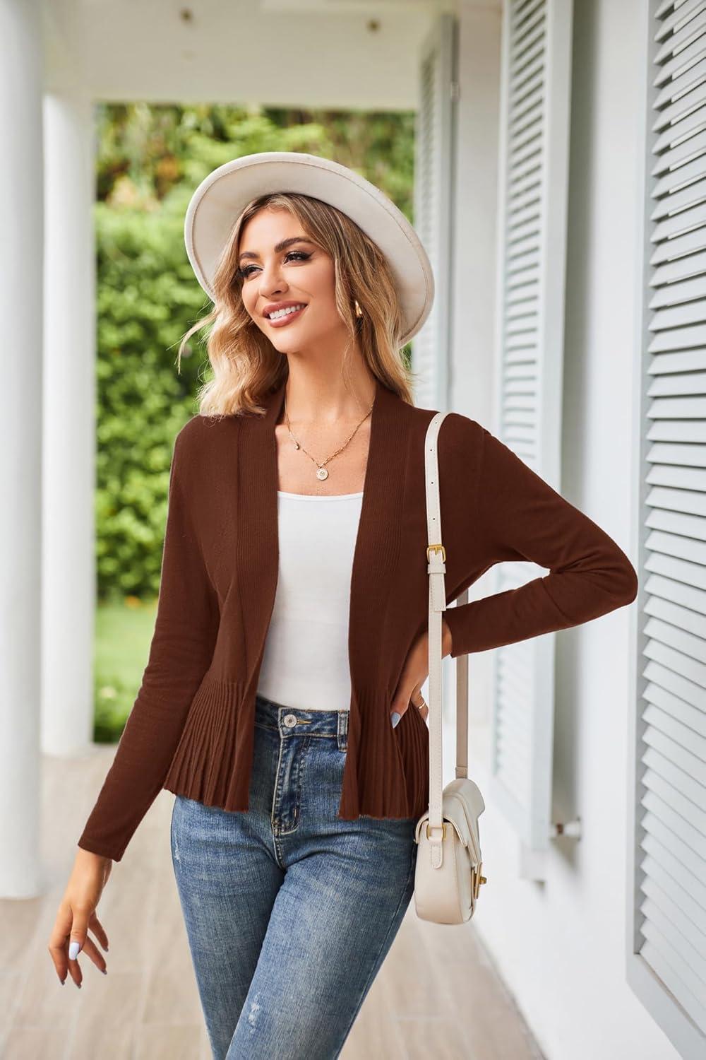 imageGRACE KARIN Womens Lightweight Draped Open Front Cropped Cardigan Long Sleeve Sweaters Peplum Knit TopsBrown