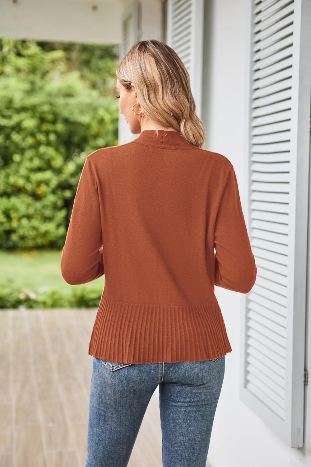 imageGRACE KARIN Womens Lightweight Draped Open Front Cropped Cardigan Long Sleeve Sweaters Peplum Knit TopsCopper Brown