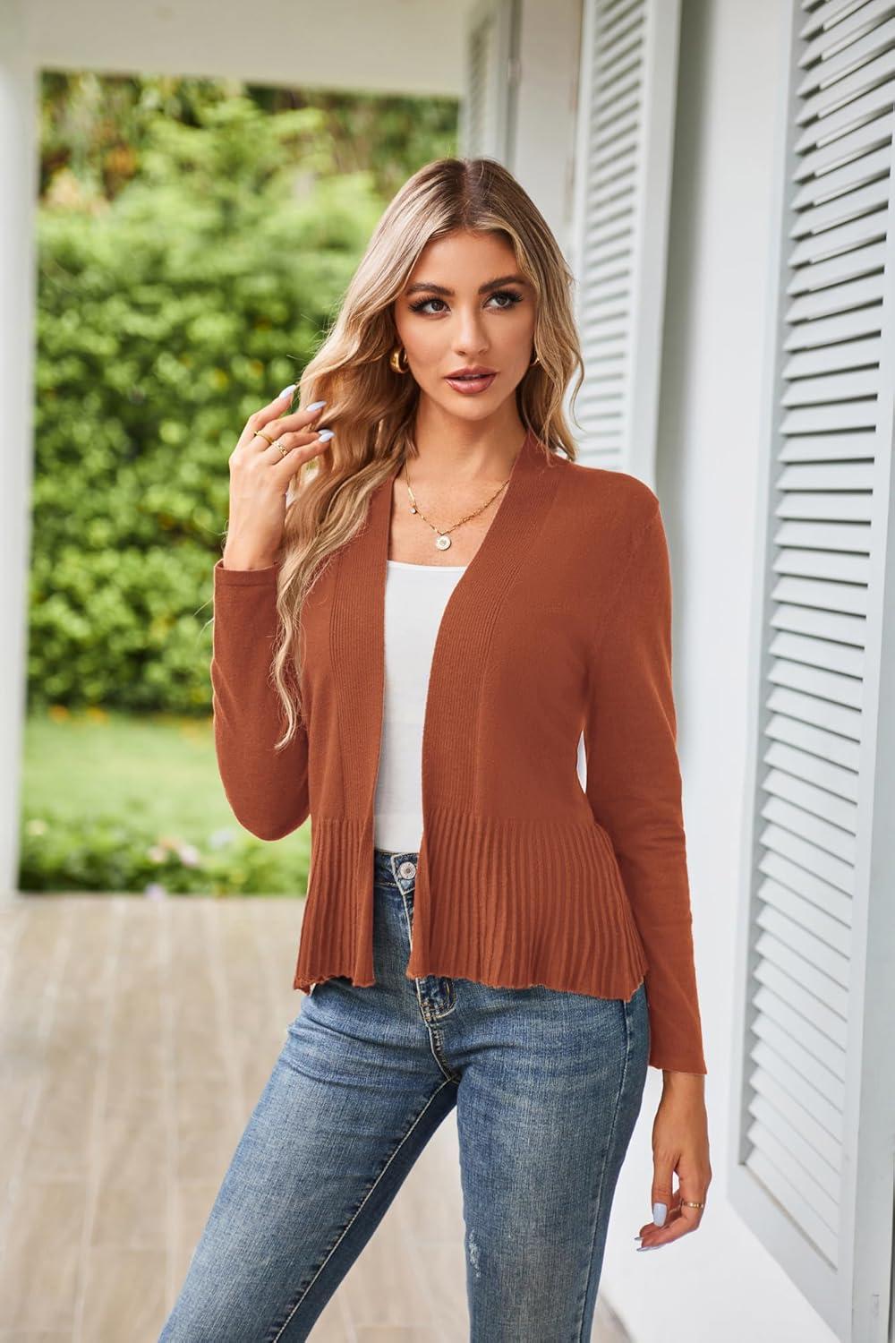 imageGRACE KARIN Womens Lightweight Draped Open Front Cropped Cardigan Long Sleeve Sweaters Peplum Knit TopsCopper Brown
