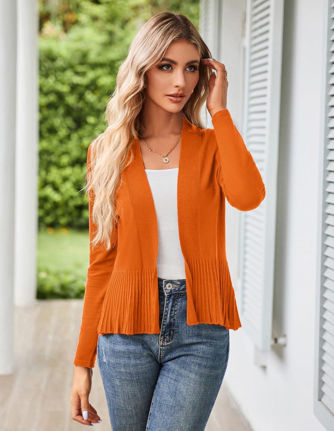 imageGRACE KARIN Womens Lightweight Draped Open Front Cropped Cardigan Long Sleeve Sweaters Peplum Knit TopsGlorious Orange