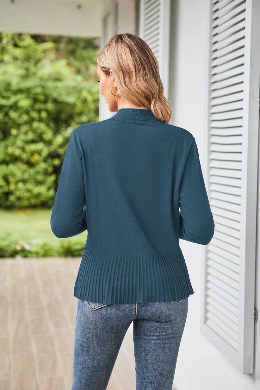 imageGRACE KARIN Womens Lightweight Draped Open Front Cropped Cardigan Long Sleeve Sweaters Peplum Knit TopsGray Blue