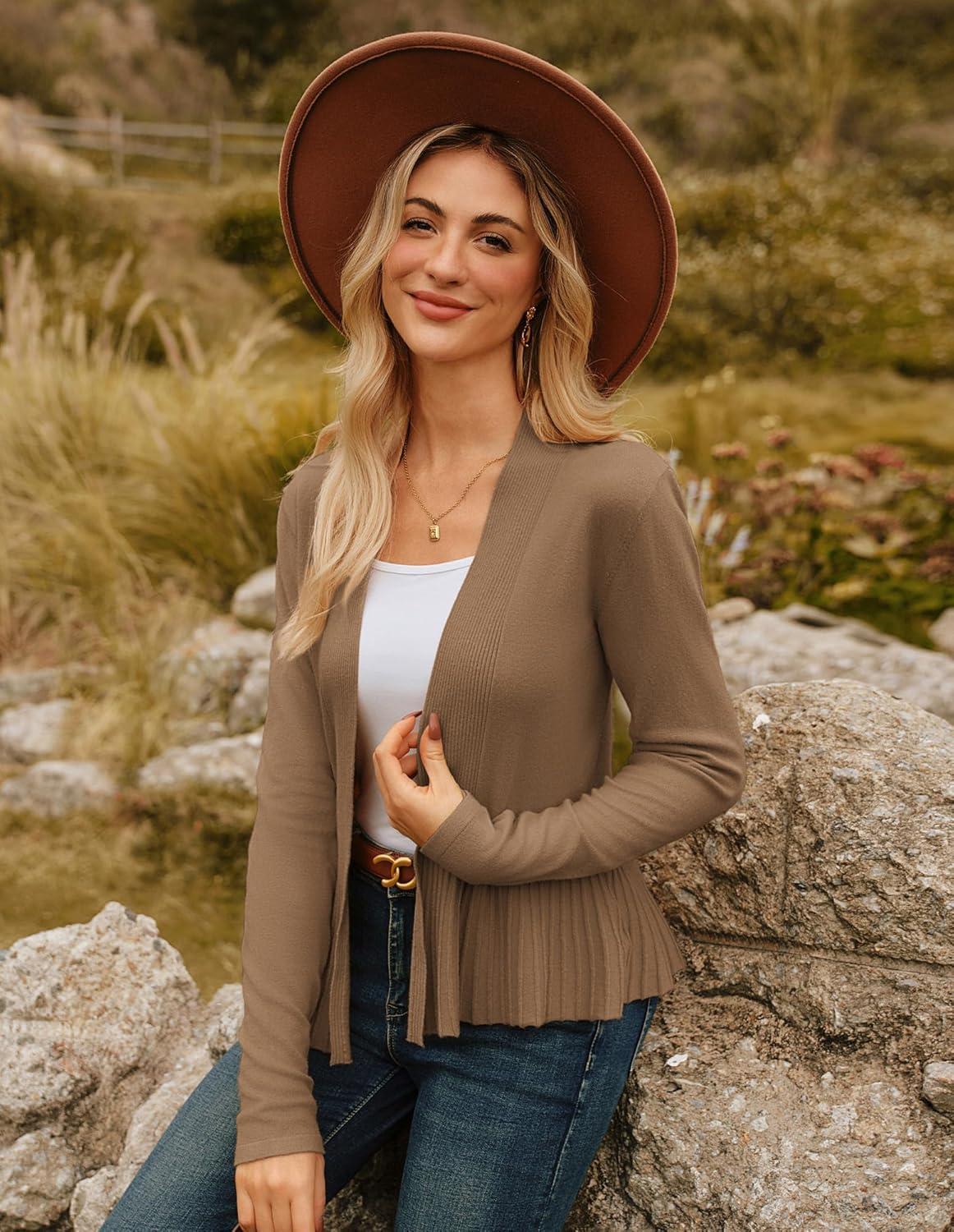 imageGRACE KARIN Womens Lightweight Draped Open Front Cropped Cardigan Long Sleeve Sweaters Peplum Knit TopsKhaki