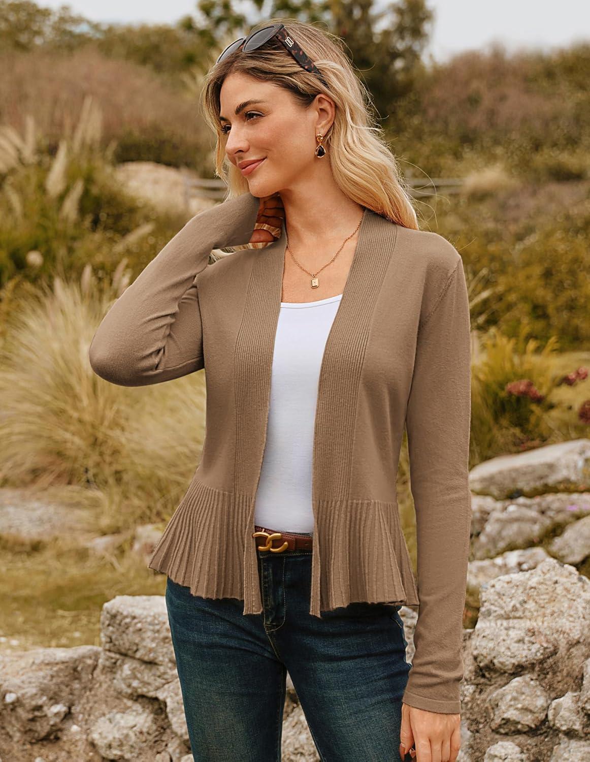 imageGRACE KARIN Womens Lightweight Draped Open Front Cropped Cardigan Long Sleeve Sweaters Peplum Knit TopsKhaki