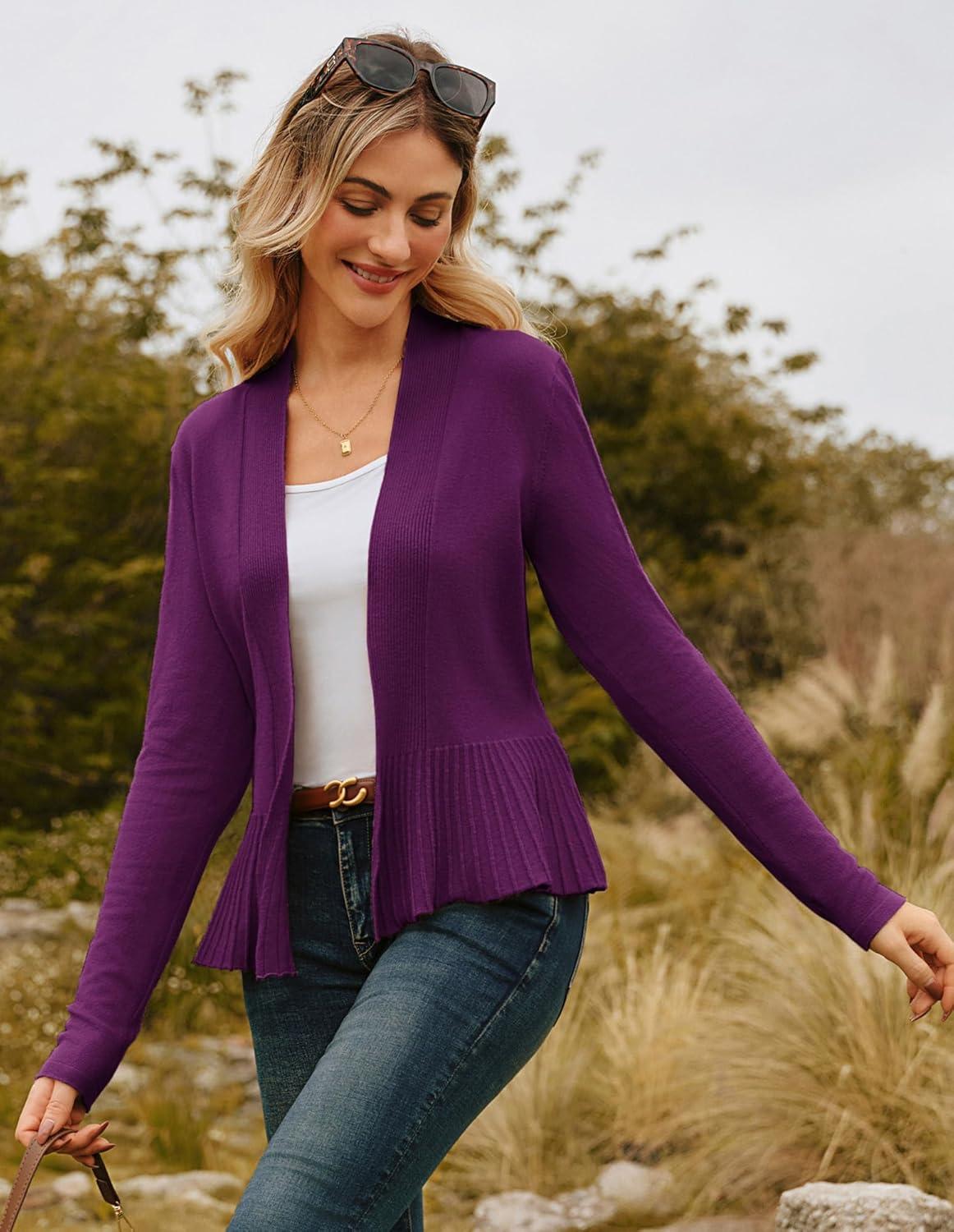 imageGRACE KARIN Womens Lightweight Draped Open Front Cropped Cardigan Long Sleeve Sweaters Peplum Knit TopsMulberry