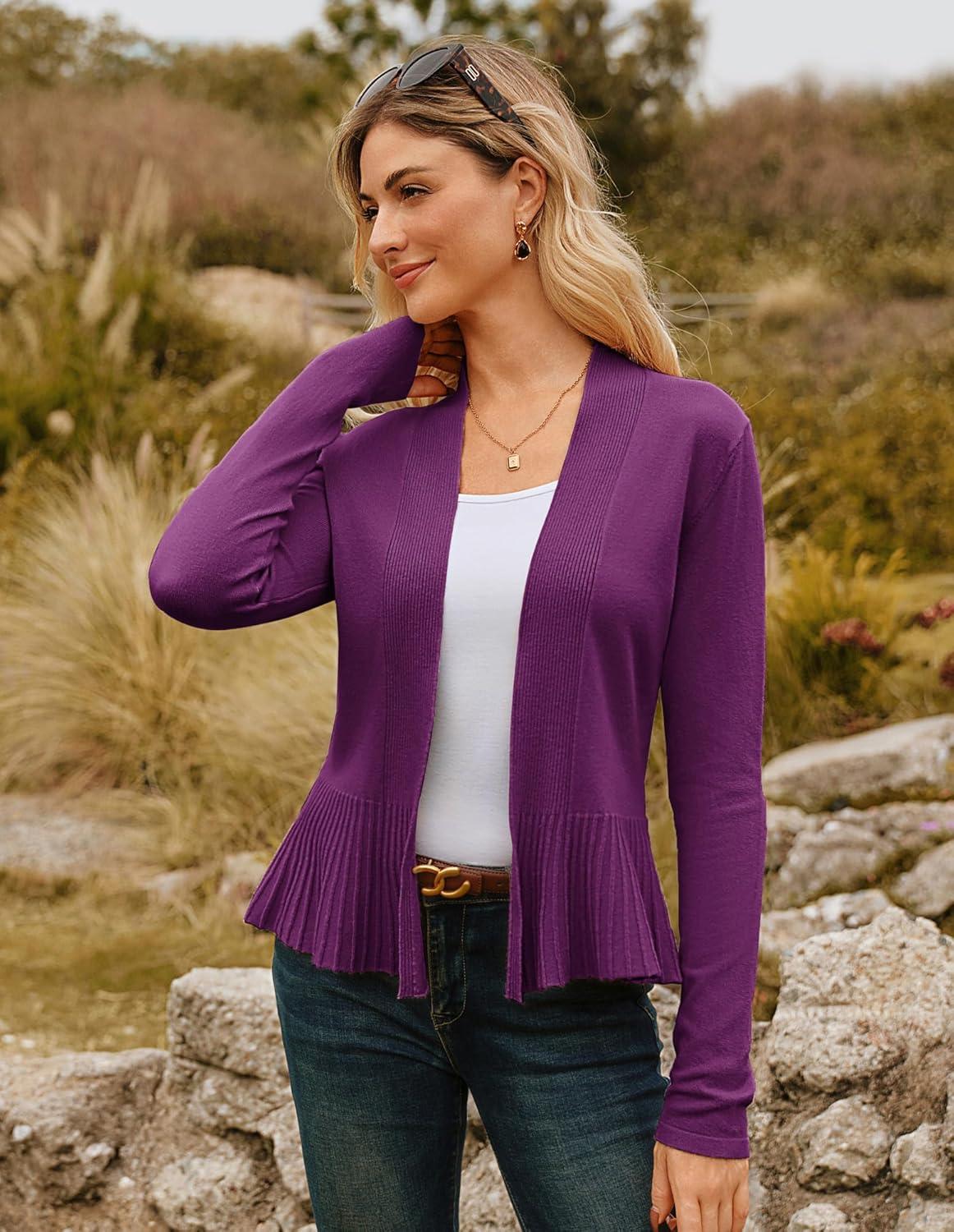 imageGRACE KARIN Womens Lightweight Draped Open Front Cropped Cardigan Long Sleeve Sweaters Peplum Knit TopsMulberry