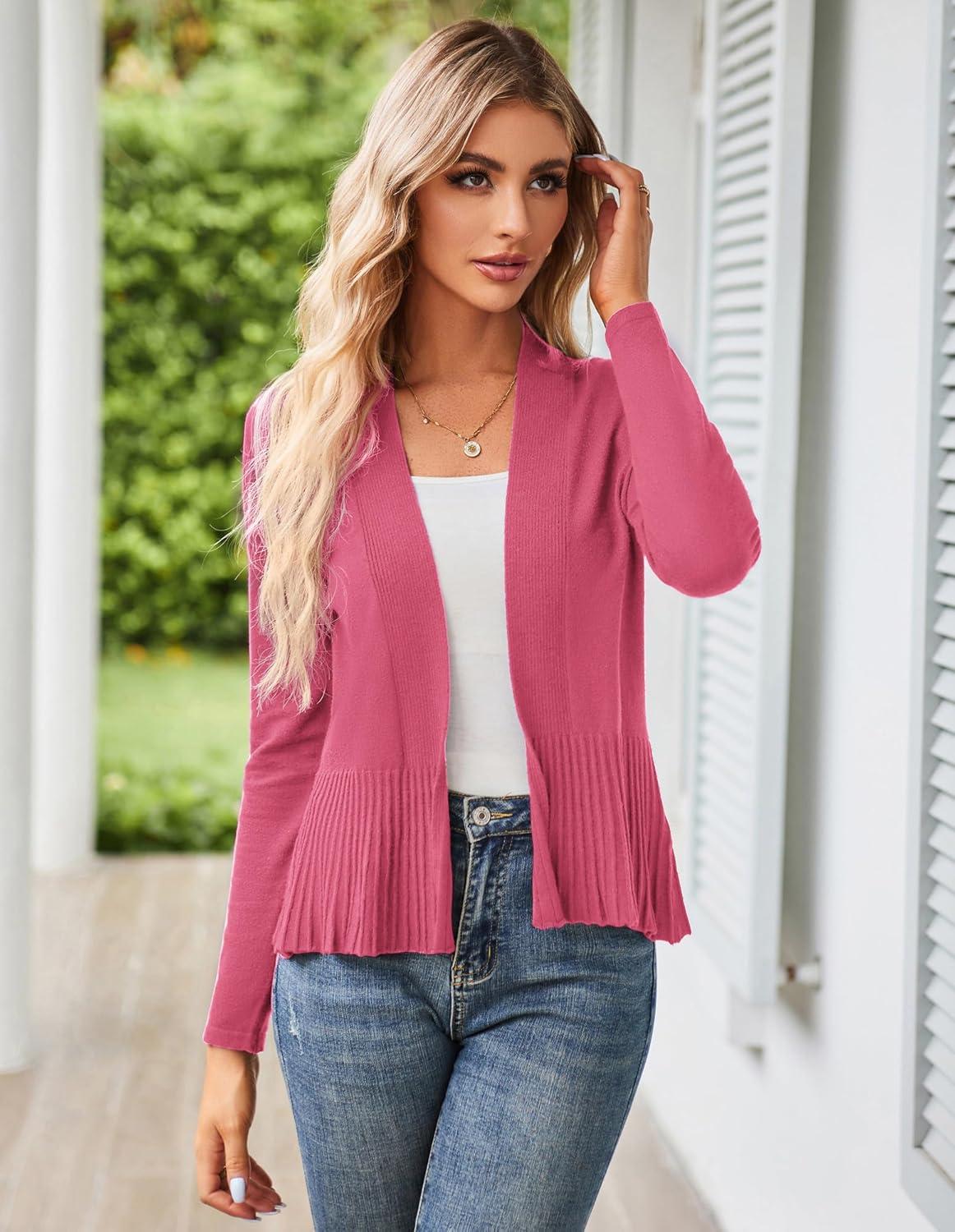 imageGRACE KARIN Womens Lightweight Draped Open Front Cropped Cardigan Long Sleeve Sweaters Peplum Knit TopsPeach Red