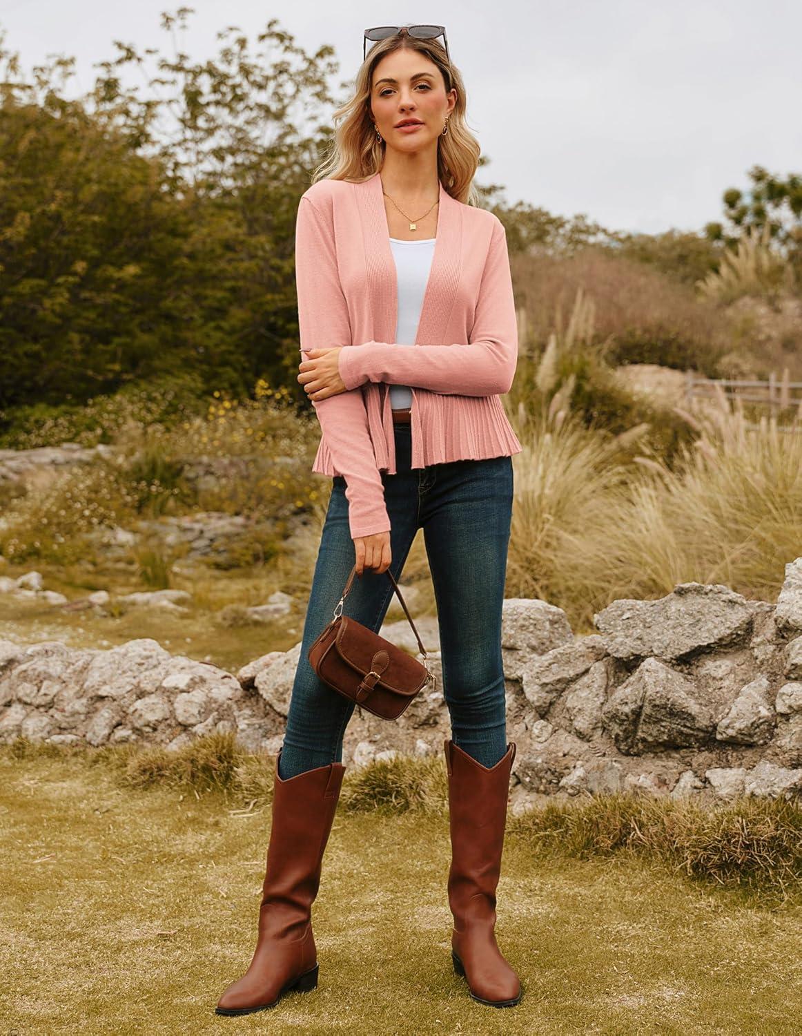 imageGRACE KARIN Womens Lightweight Draped Open Front Cropped Cardigan Long Sleeve Sweaters Peplum Knit TopsPink